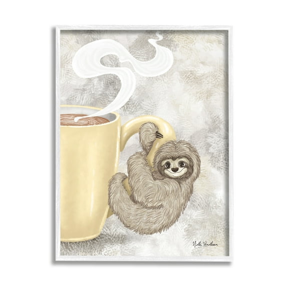 Stupell Industries Sloth on Coffee Mug Food & Beverage Painting White Framed Art Print Wall Art, 24 x 30