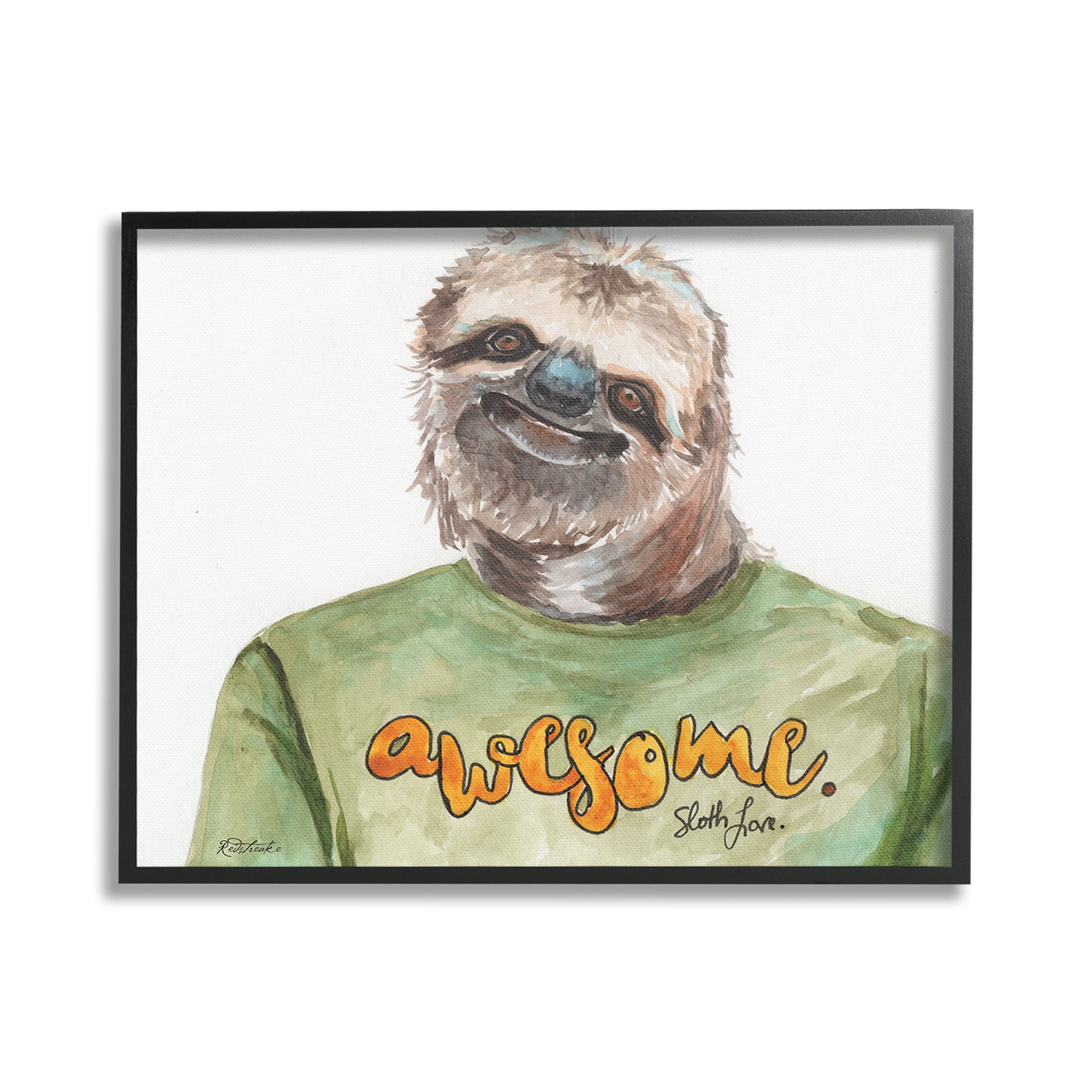 Stupell Industries Sloth with Awesome Shirt Animals & Insects Painting Black Framed Art Print Wall Art, 20 x 16