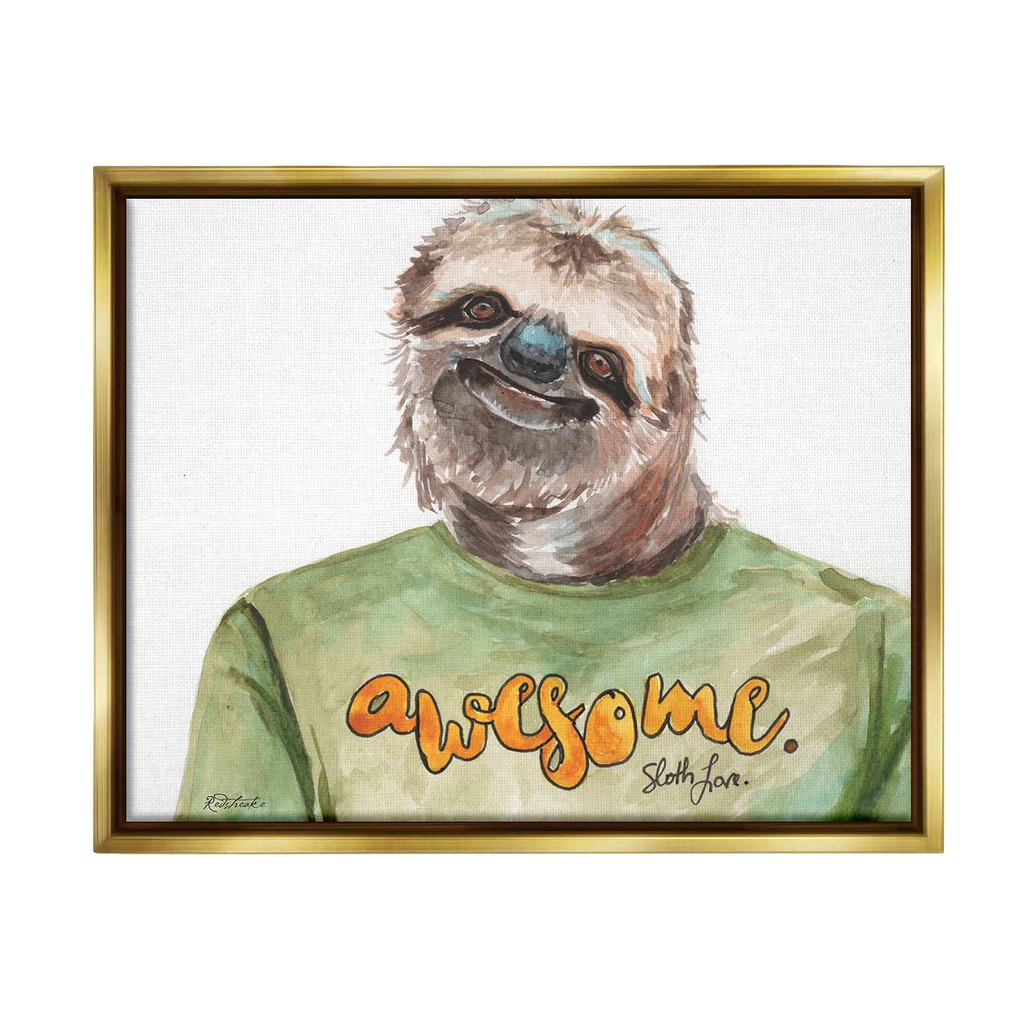 Stupell Industries Sloth with Awesome Shirt Animals & Insects Painting Gold Floater Framed Canvas Art Print Wall Art, 31 x 25