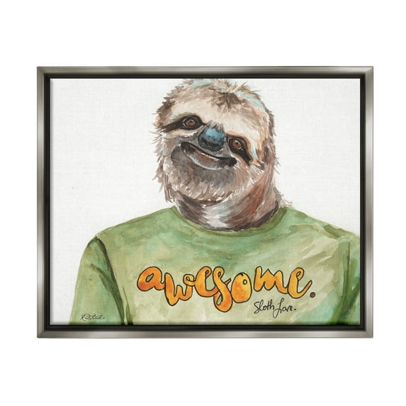 Stupell Industries Sloth with Awesome Shirt Animals & Insects Painting Gray Floater Framed Canvas Art Print Wall Art, 31 x 25