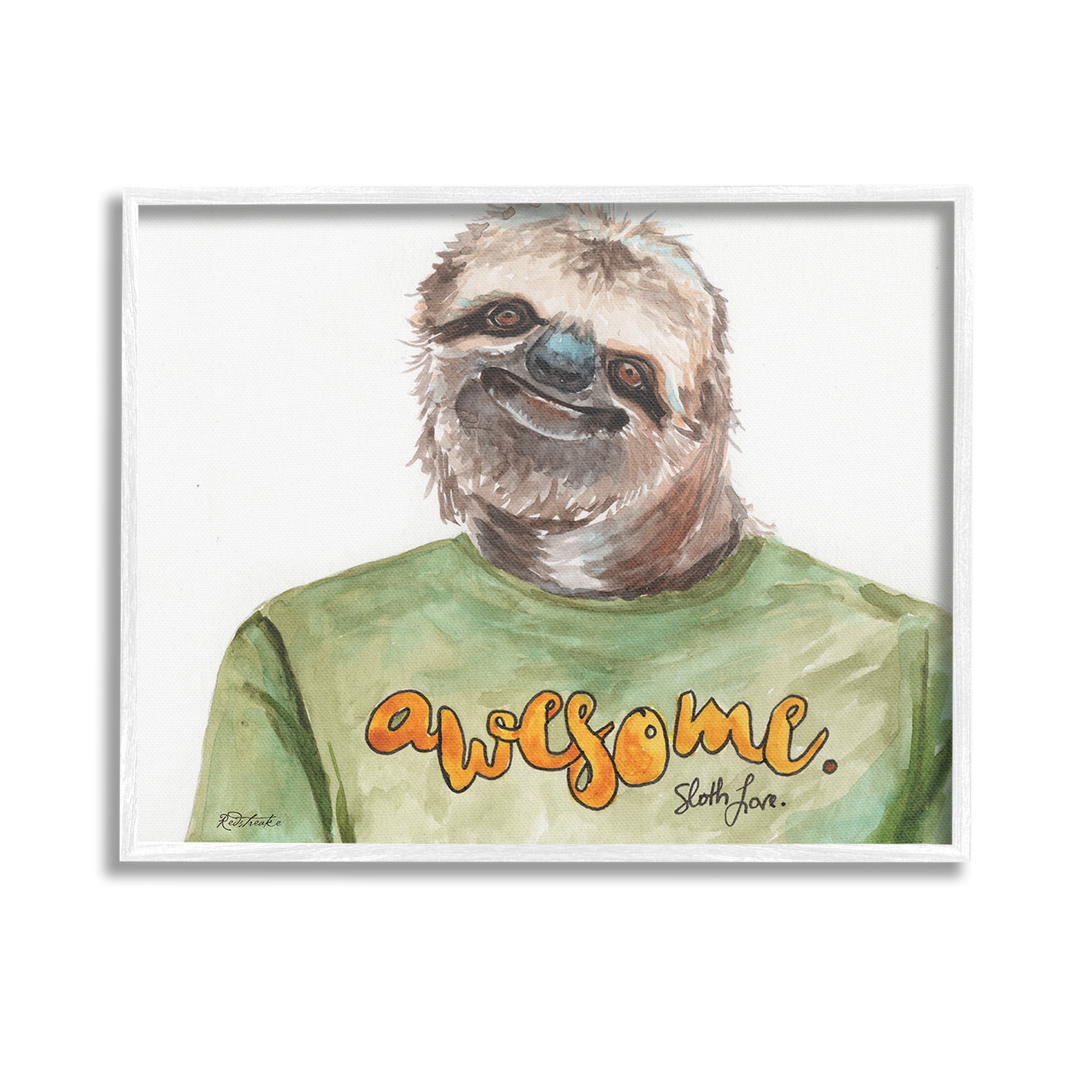 Stupell Industries Sloth with Awesome Shirt Animals & Insects Painting White Framed Art Print Wall Art, 14 x 11