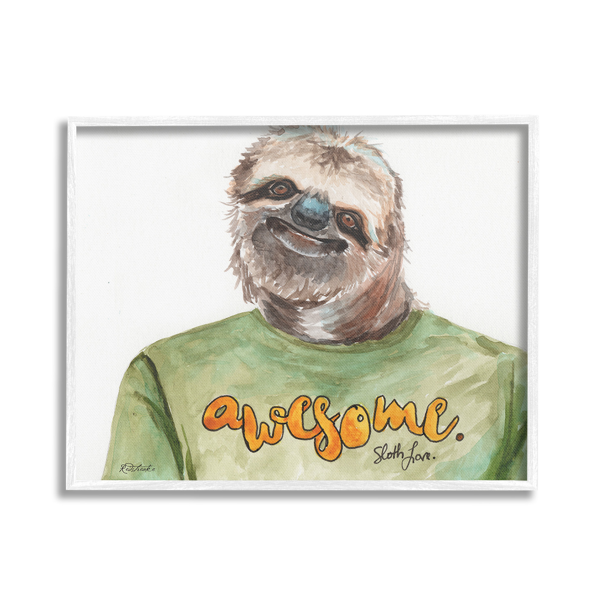 Stupell Industries Sloth with Awesome Shirt Animals & Insects Painting White Framed Art Print Wall Art, 30 x 24