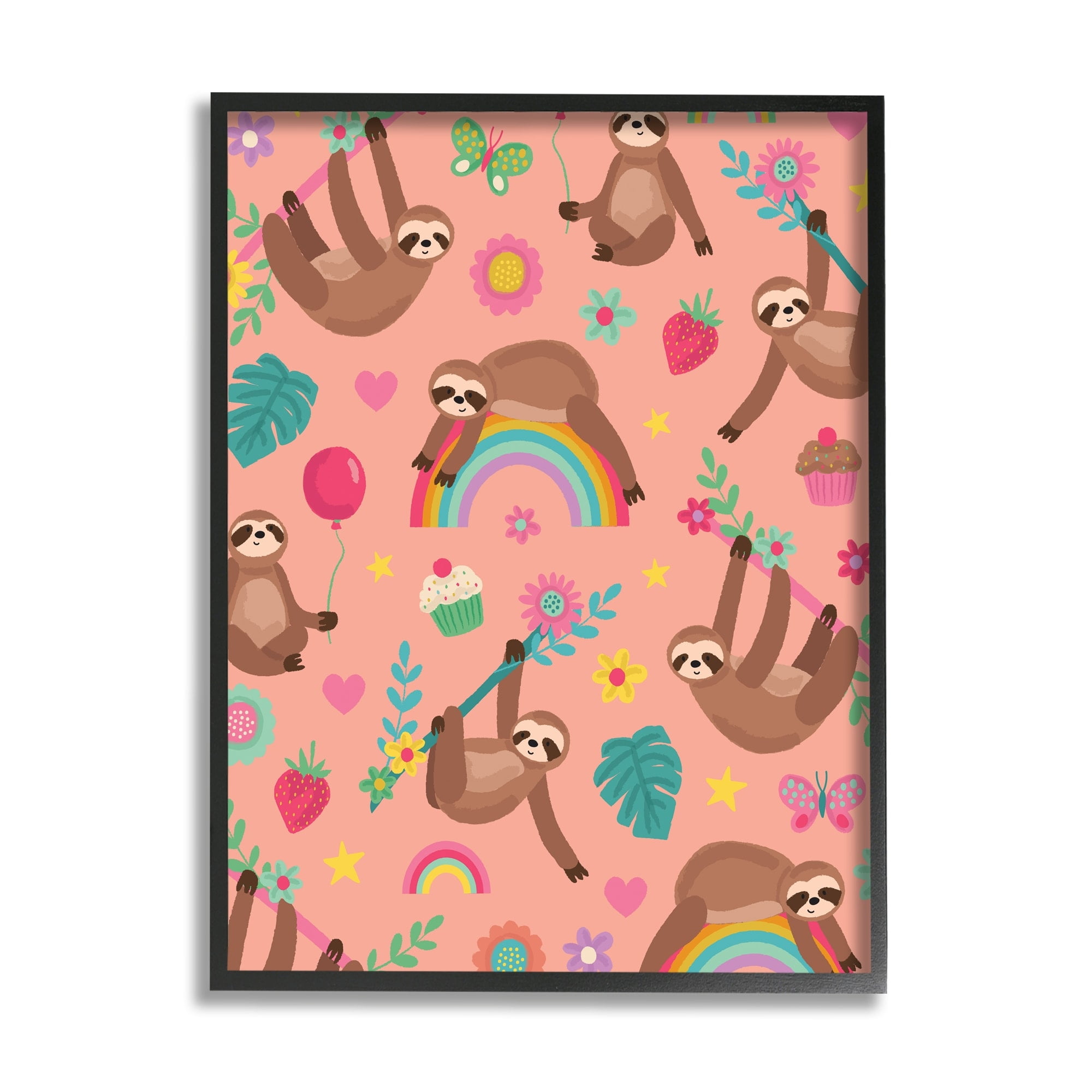 Stupell Industries Sloths Climbing Botanical Branches Whimsical Floral Pattern Graphic Art Black Framed Art Print Wall Art, Design by Lisa Perry Whitebutton