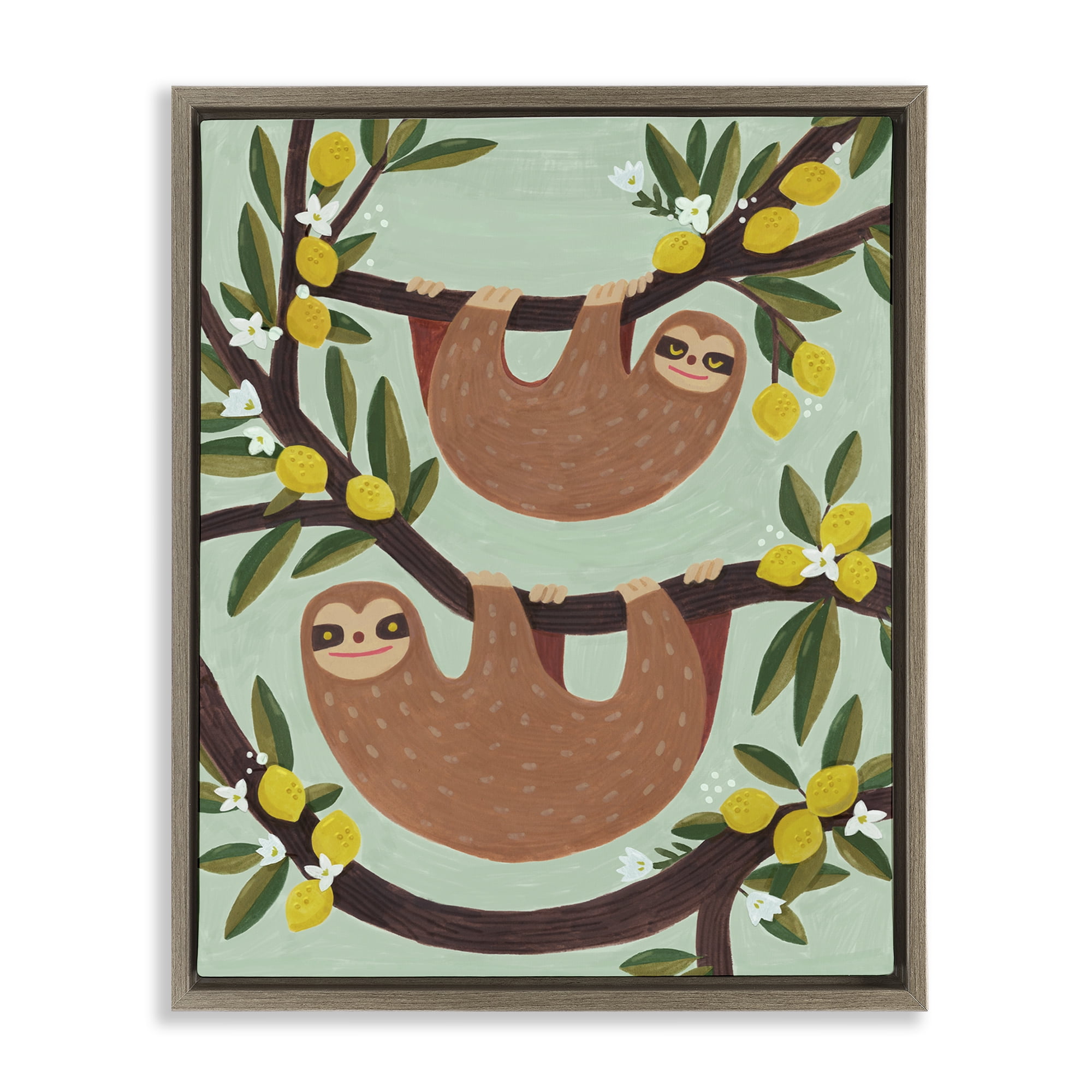 Stupell Industries Sloths on Lemon Tree Branches Animals Painting Brown Floater Framed Canvas Art Print Wall Art, 17 x 21