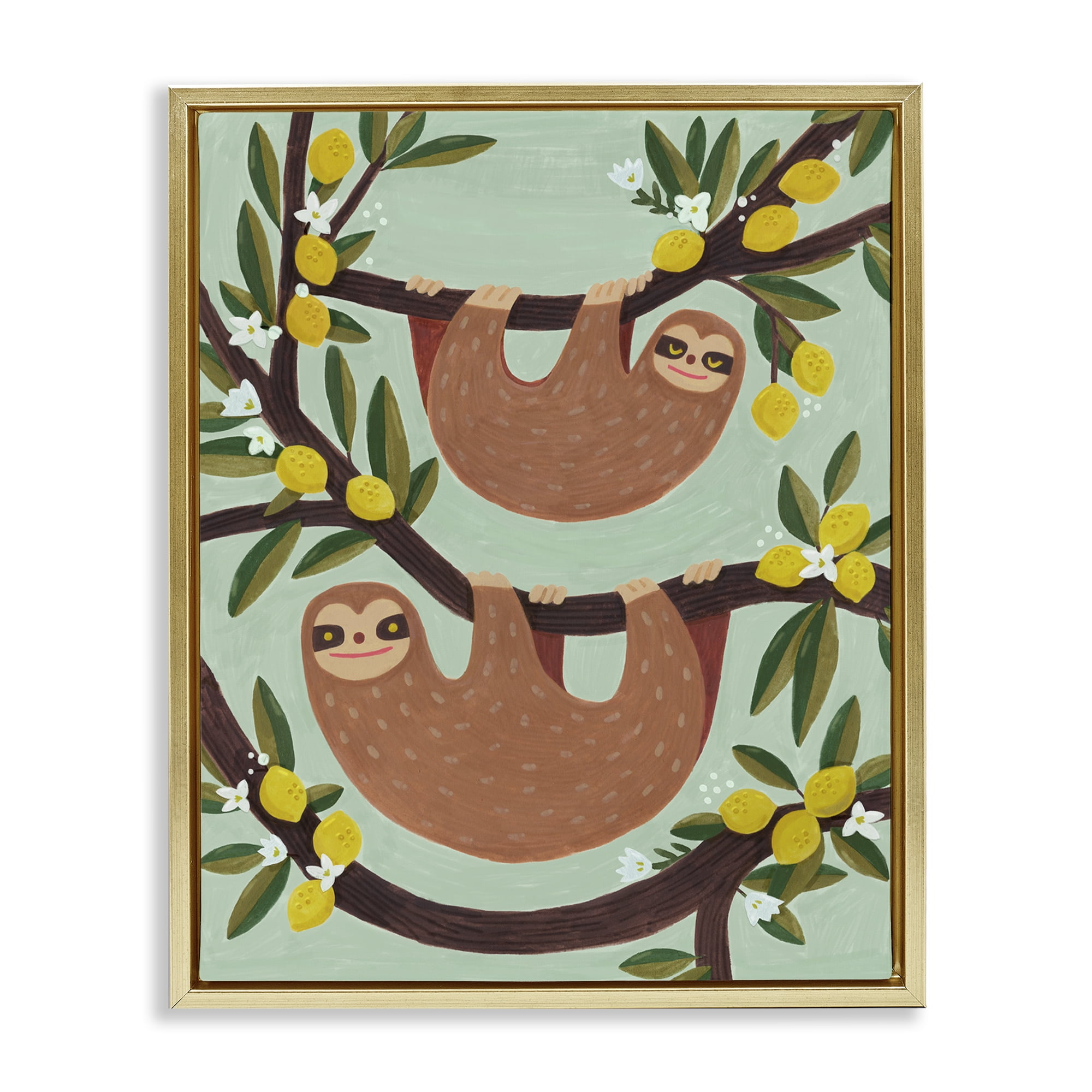 Stupell Industries Sloths on Lemon Tree Branches Animals Painting Gold Floater Framed Canvas Art Print Wall Art, 25 x 31