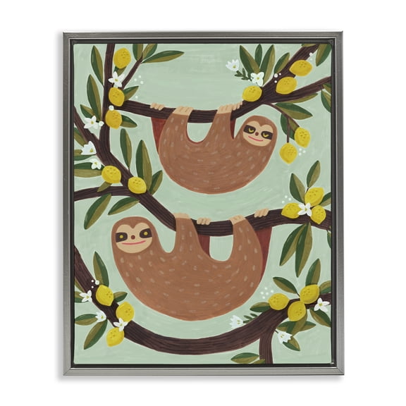 Stupell Industries Sloths on Lemon Tree Branches Animals Painting Gray Floater Framed Canvas Art Print Wall Art, 17 x 21