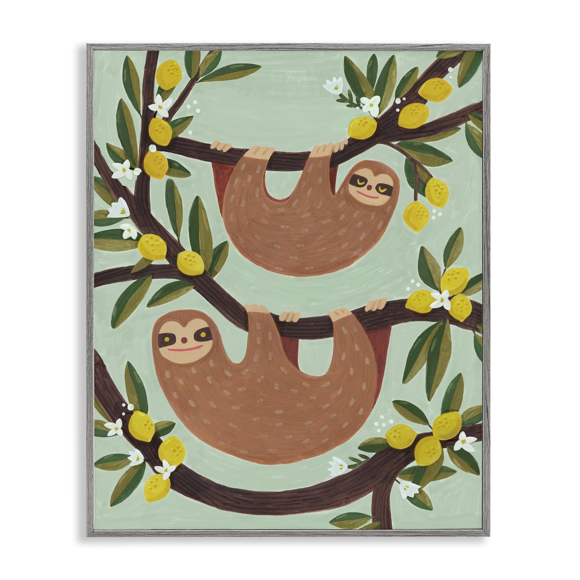 Stupell Industries Sloths on Lemon Tree Branches Animals Painting Gray Framed Art Print Wall Art, 16 x 20
