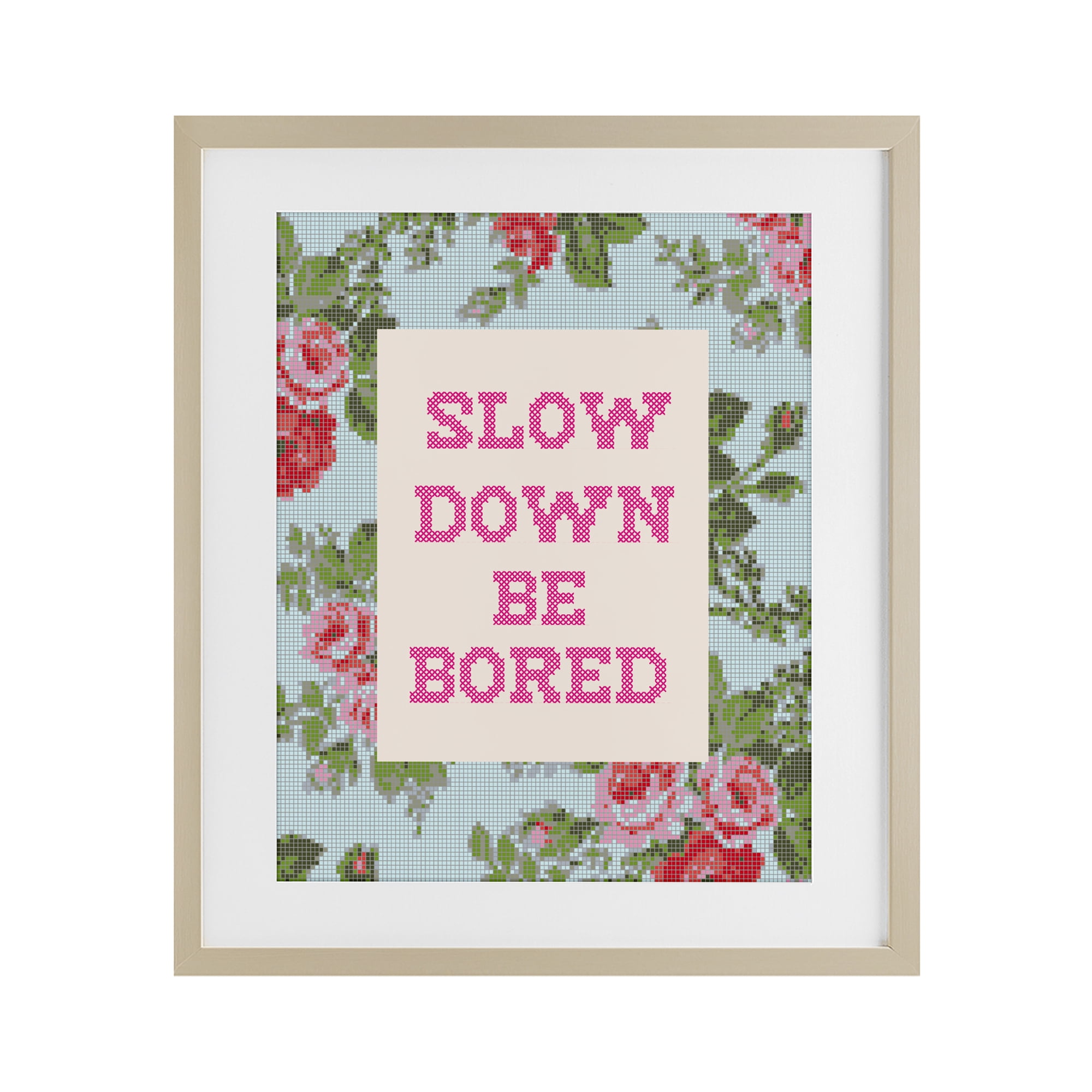 Stupell Industries Slow Down Be Bored Faux Cross Stitch Birch Framed Print Under Glass, design by Lil' Rue