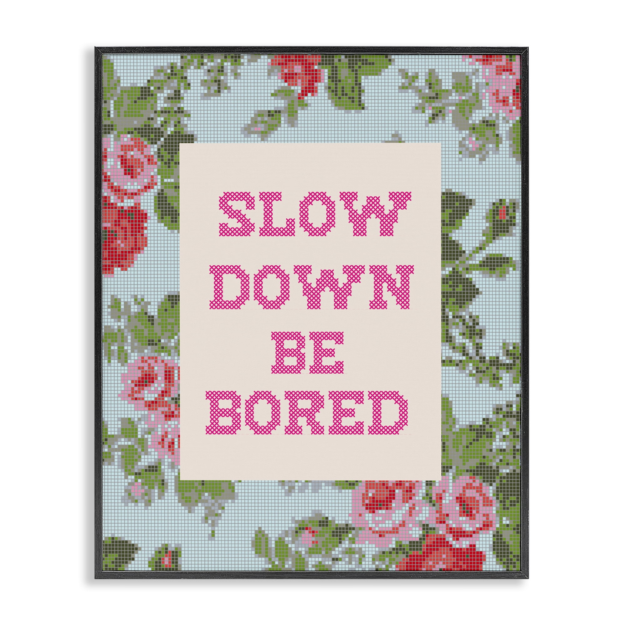 Stupell Industries Slow Down Be Bored Faux Cross Stitch Black Framed Giclee Art, design by Lil' Rue