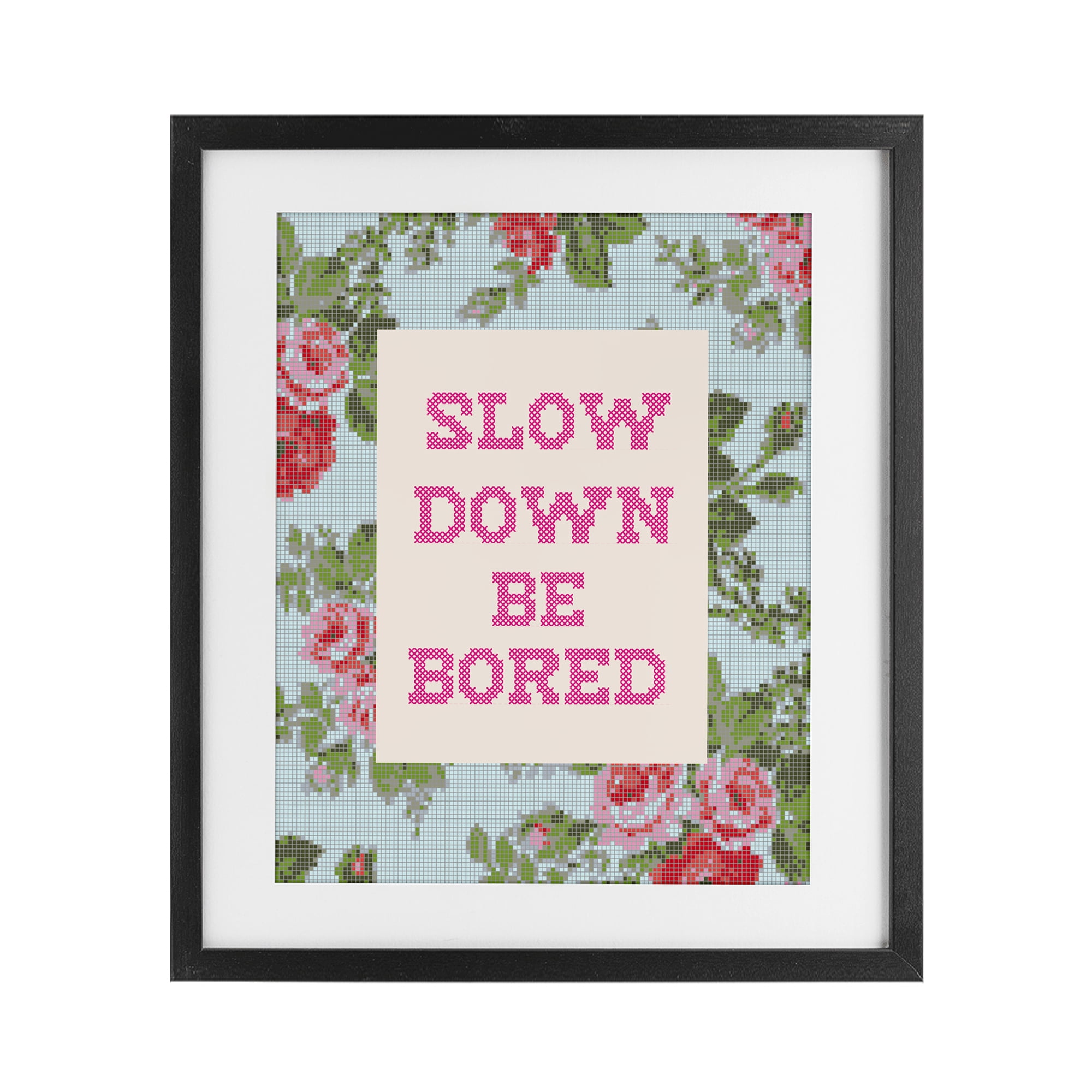 Stupell Industries Slow Down Be Bored Faux Cross Stitch Black Framed Print Under Glass, design by Lil' Rue