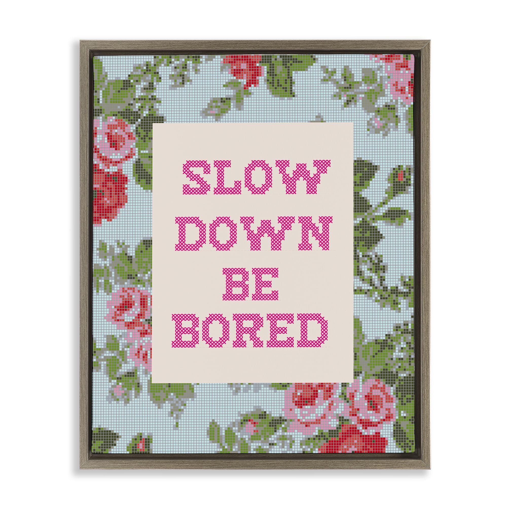 Stupell Industries Slow Down Be Bored Faux Cross Stitch Brown Framed Floater Canvas Wall Art, design by Lil' Rue