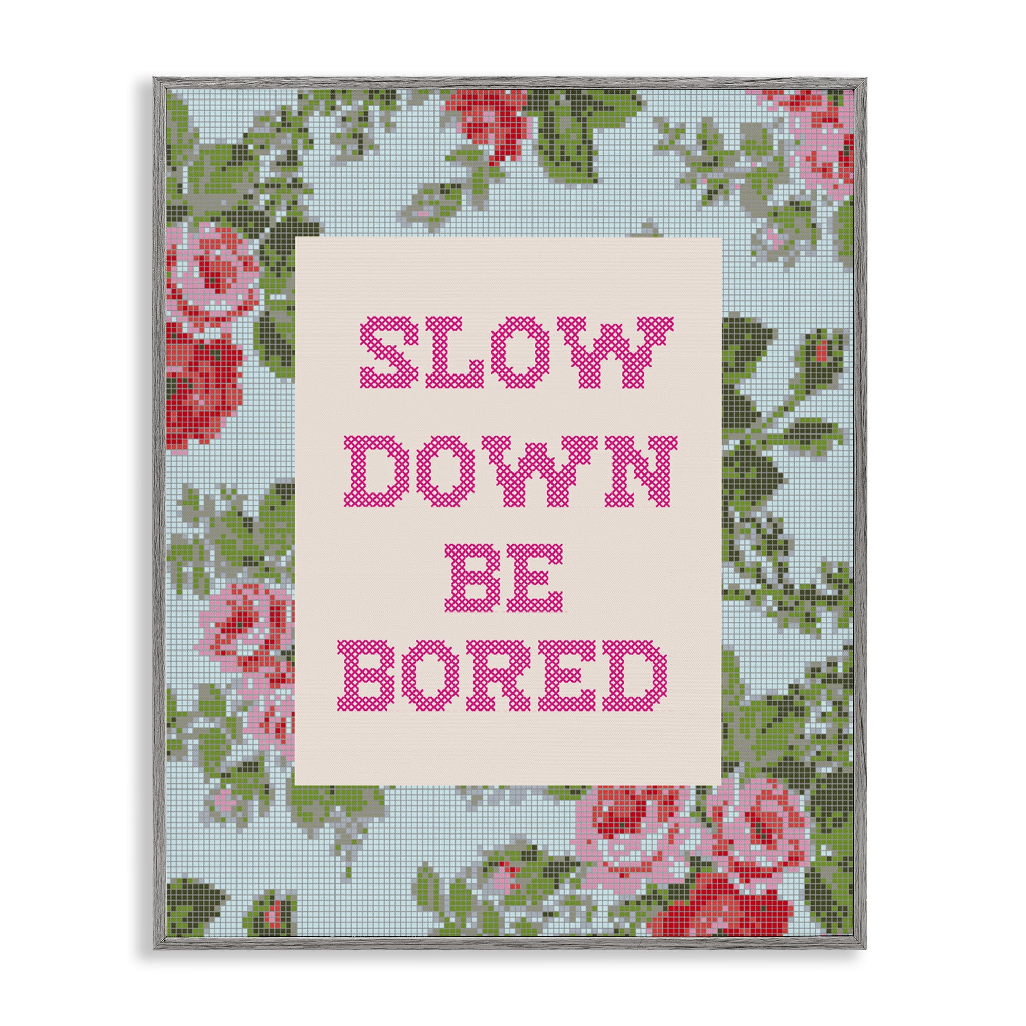 Stupell Industries Slow Down Be Bored Faux Cross Stitch Gray Framed Giclee Art, design by Lil' Rue
