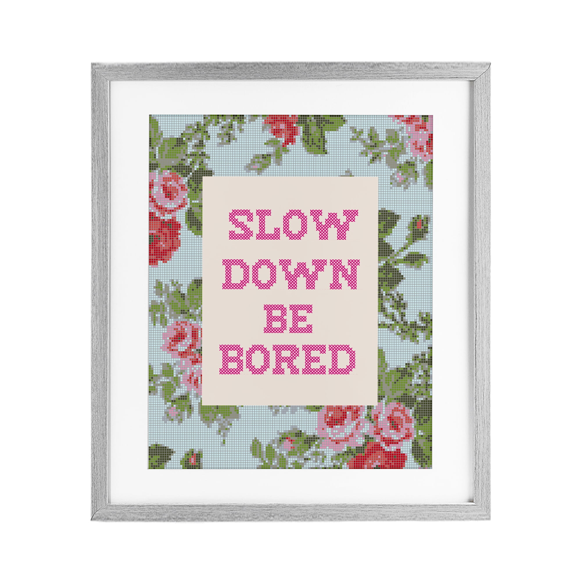 Stupell Industries Slow Down Be Bored Faux Cross Stitch Gray Framed Print Under Glass, design by Lil' Rue