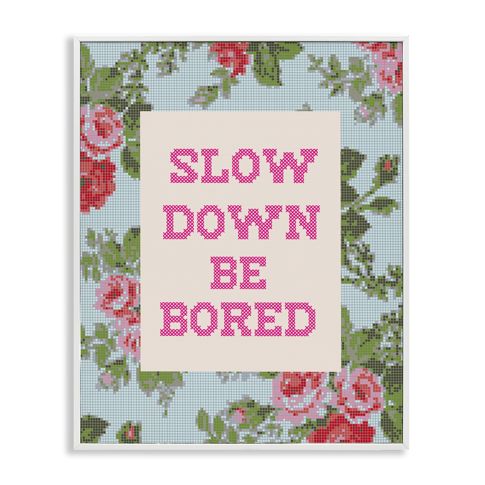 Stupell Industries Slow Down Be Bored Faux Cross Stitch White Framed Giclee Art, design by Lil' Rue