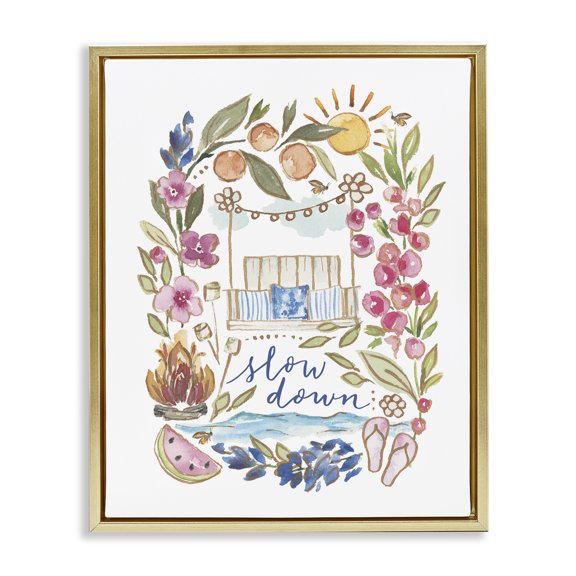 Stupell Industries Slow Down Summer Florals Plants & Flowers Painting Gold Floater Framed Canvas Art Print Wall Art, 25 x 31