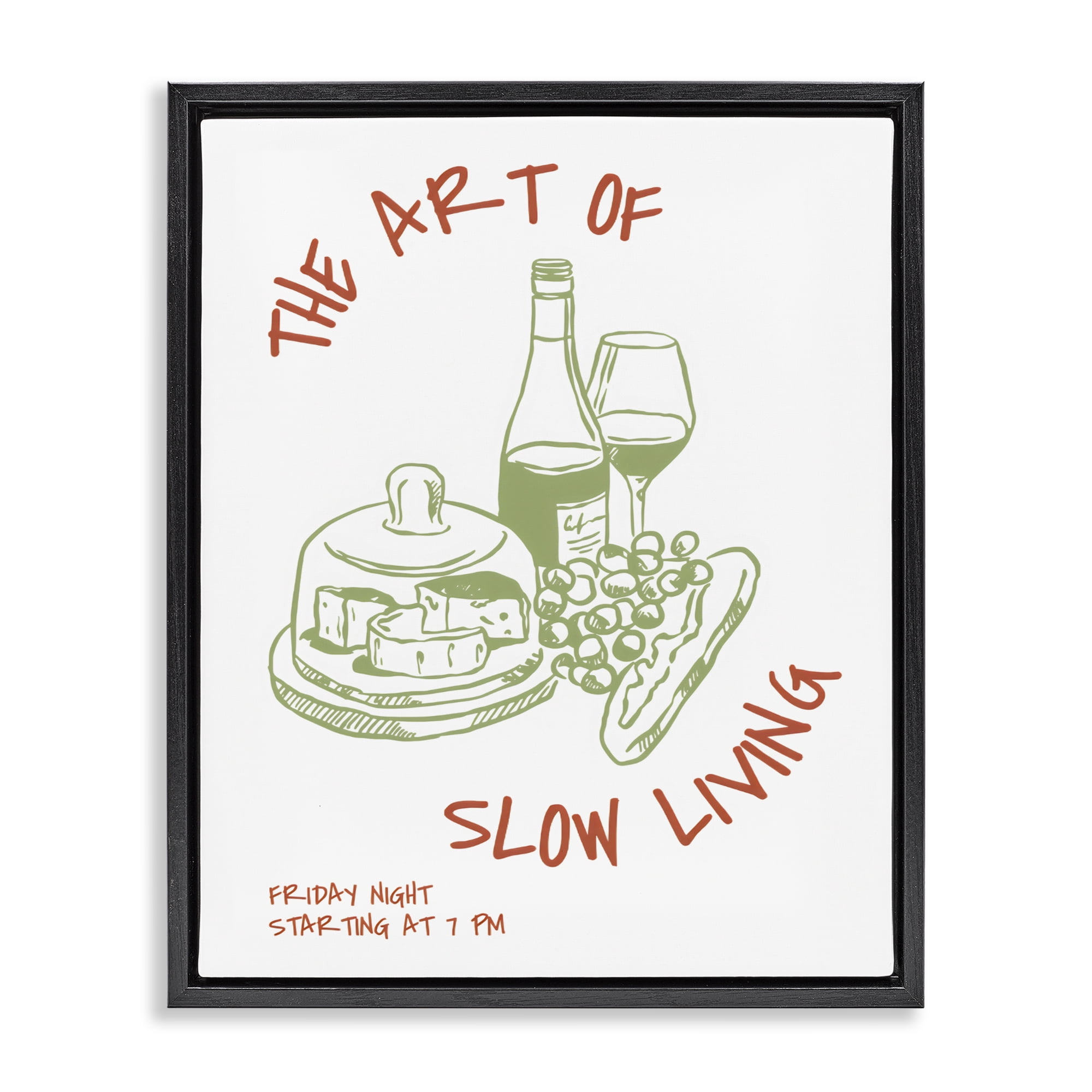 Stupell Industries Slow Living Wine & Cheese Black Framed Floater Canvas Wall Art, design by The Prints Vibe