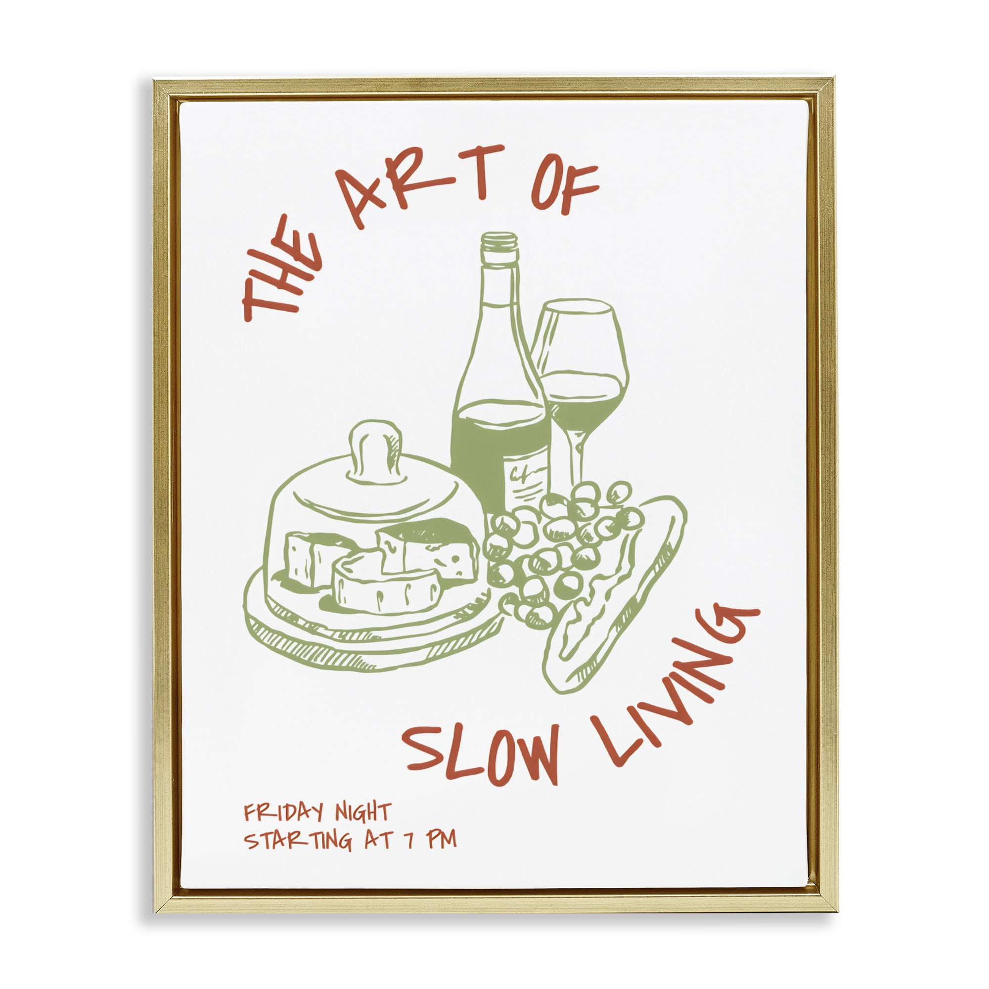 Stupell Industries Slow Living Wine & Cheese Gold Framed Floater Canvas Wall Art, design by The Prints Vibe