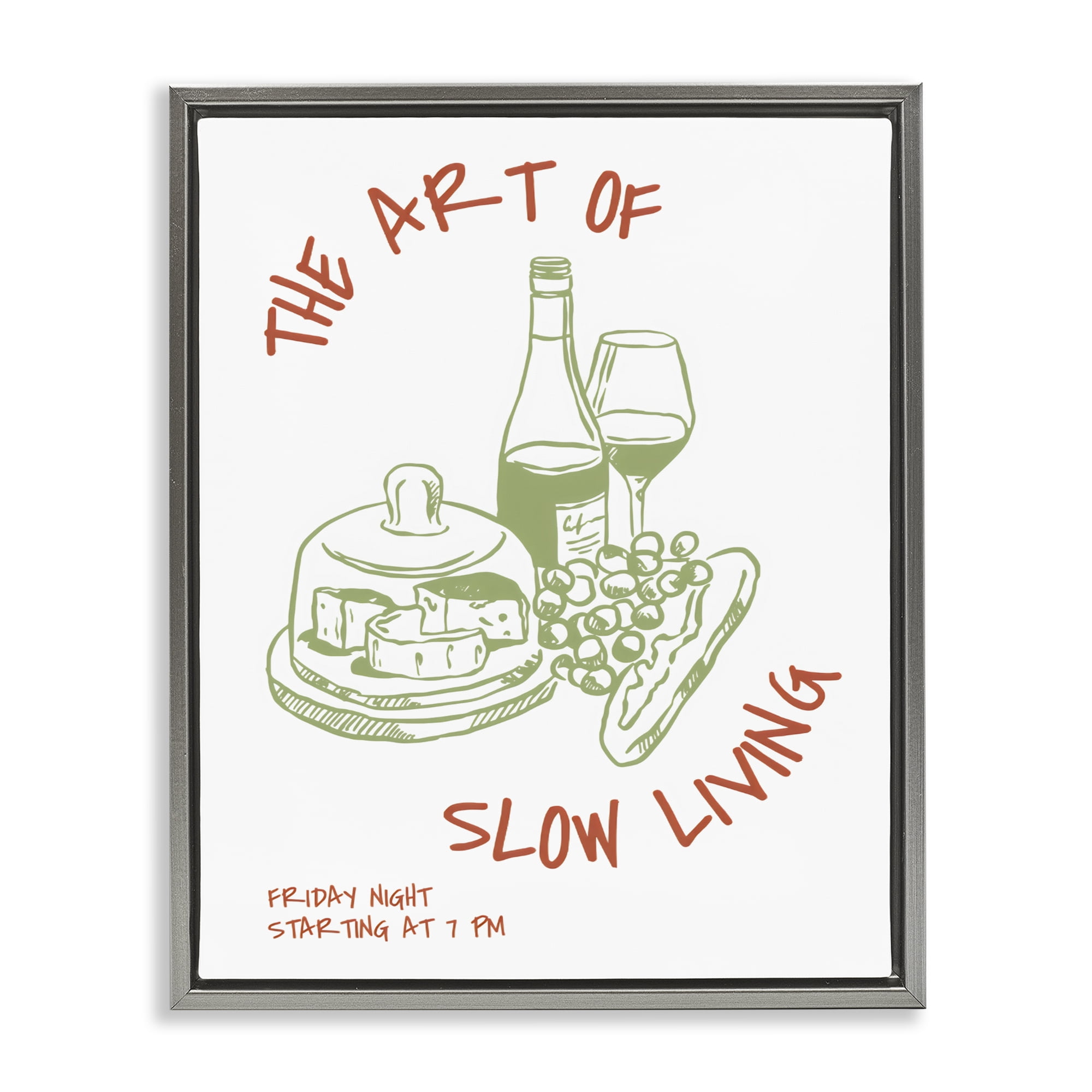 Stupell Industries Slow Living Wine & Cheese Gray Framed Floater Canvas Wall Art, design by The Prints Vibe