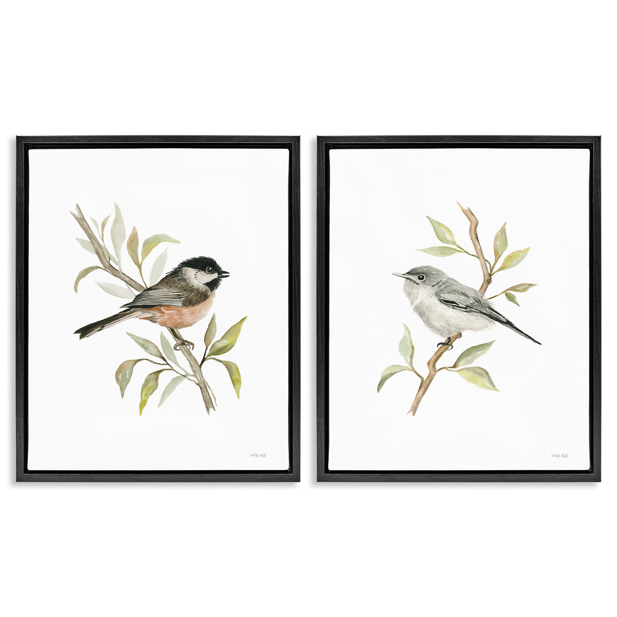 Stupell Industries Small Birds on Branches Animals Painting Black Floater Framed Canvas Art Print Wall Art, 31 x 25, Set of 2