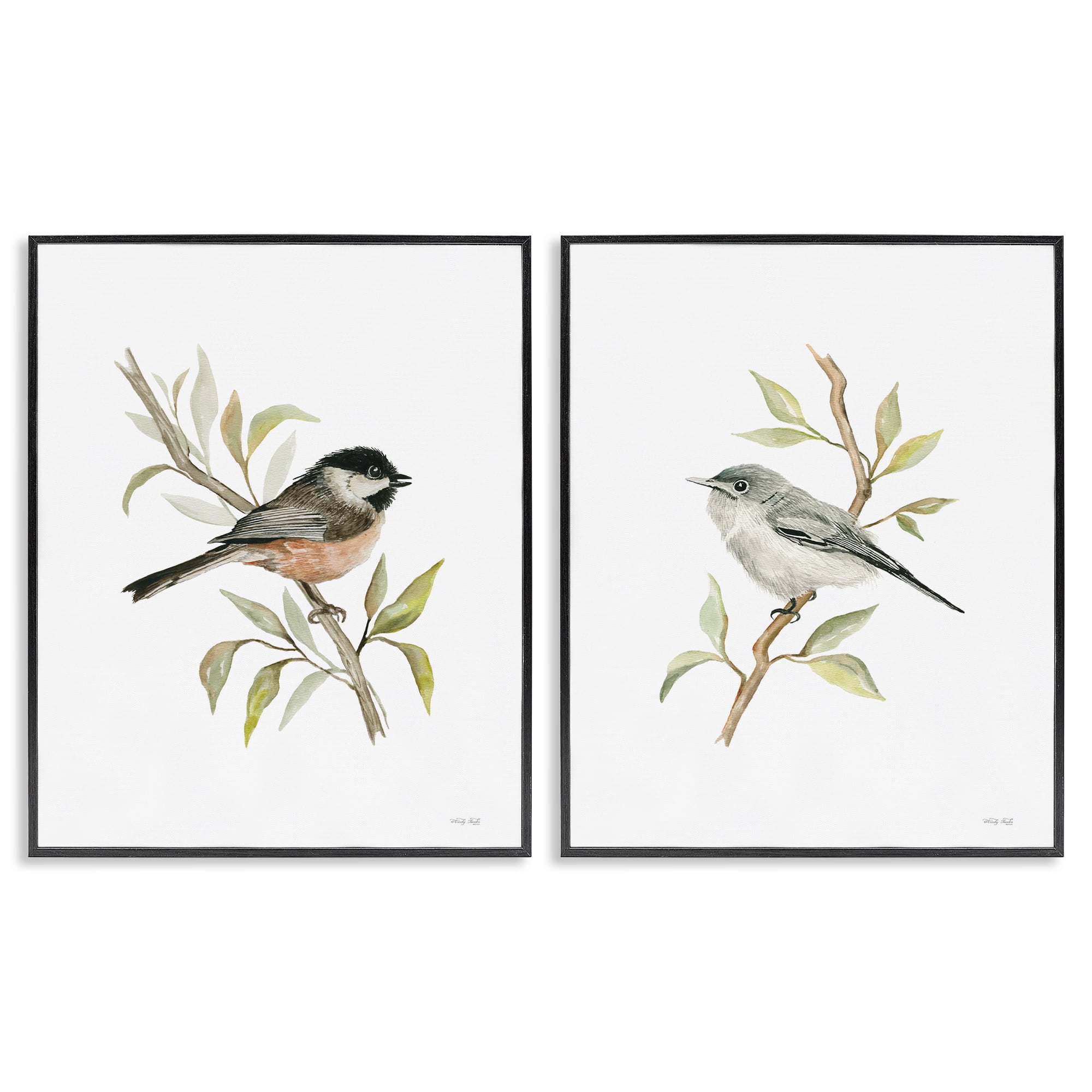 Stupell Industries Small Birds on Branches Animals Painting Black Framed Art Print Wall Art, 16 x 20, Set of 2