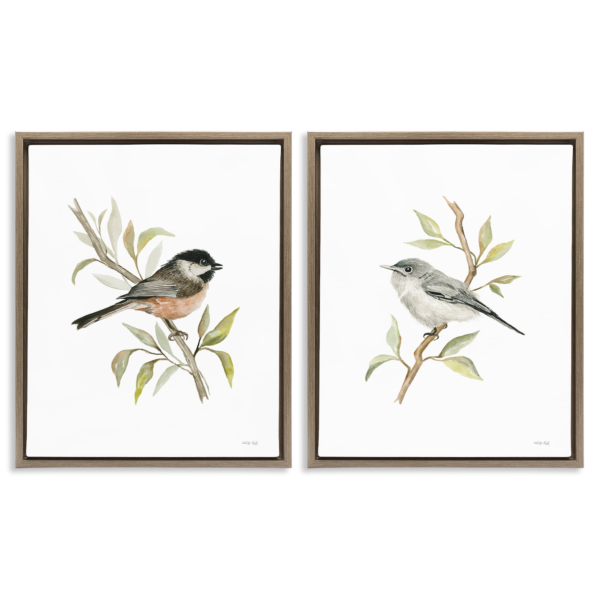 Stupell Industries Small Birds on Branches Animals Painting Brown Floater Framed Canvas Art Print Wall Art, 31 x 25, Set of 2
