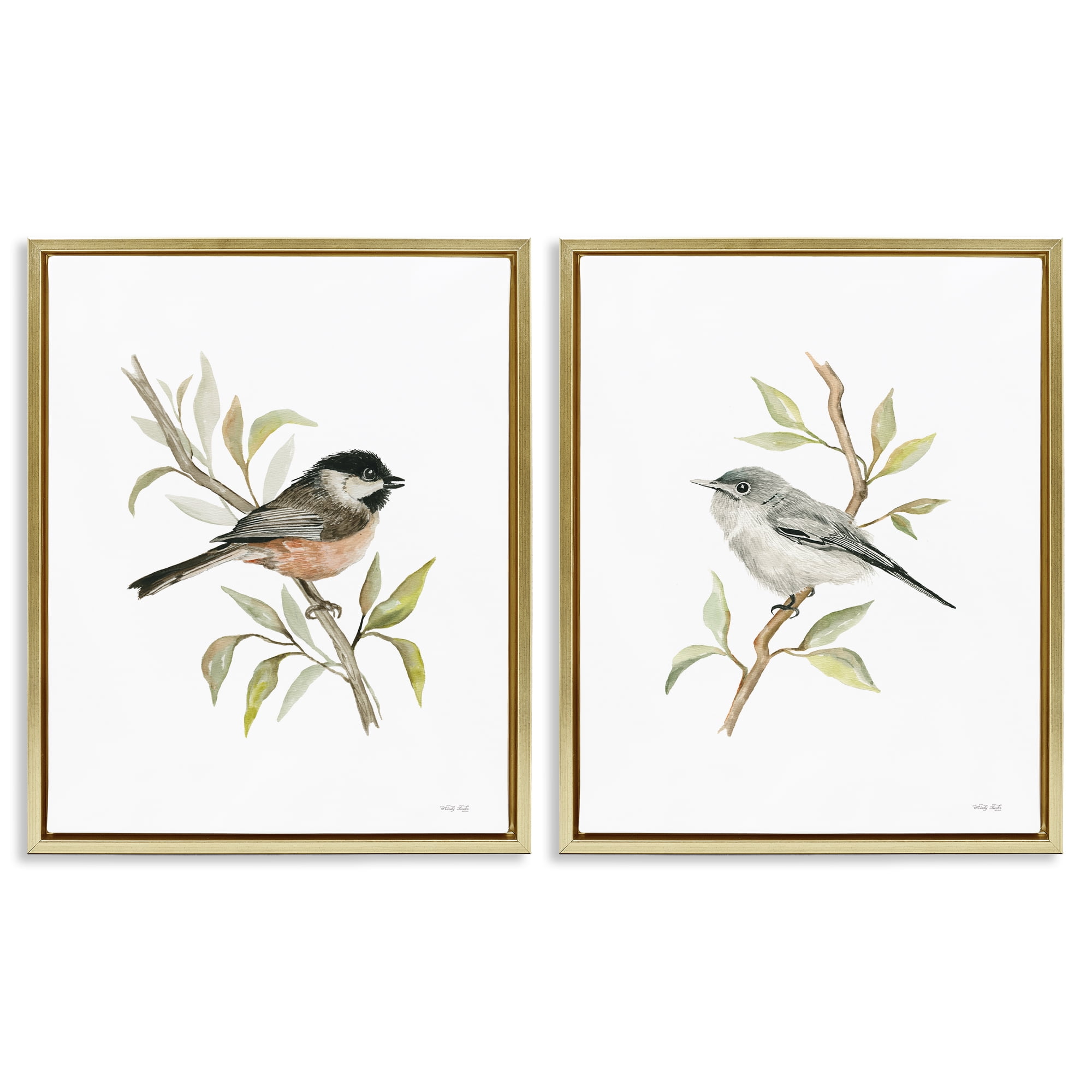 Stupell Industries Small Birds on Branches Animals Painting Gold Floater Framed Canvas Art Print Wall Art, 31 x 25, Set of 2