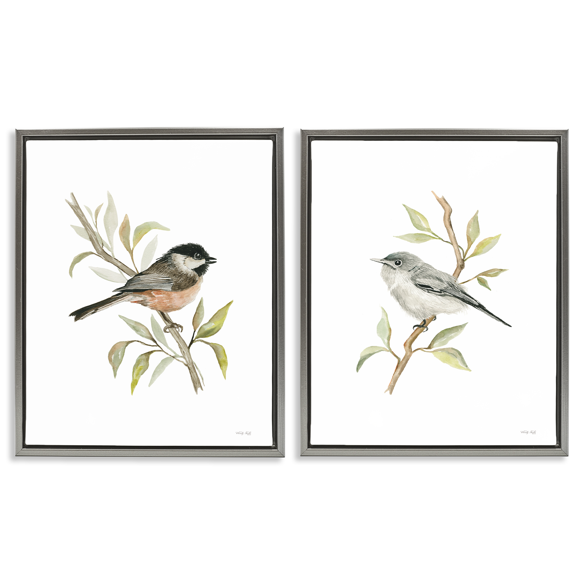 Stupell Industries Small Birds on Branches Animals Painting Gray Floater Framed Canvas Art Print Wall Art, 17 x 21, Set of 2