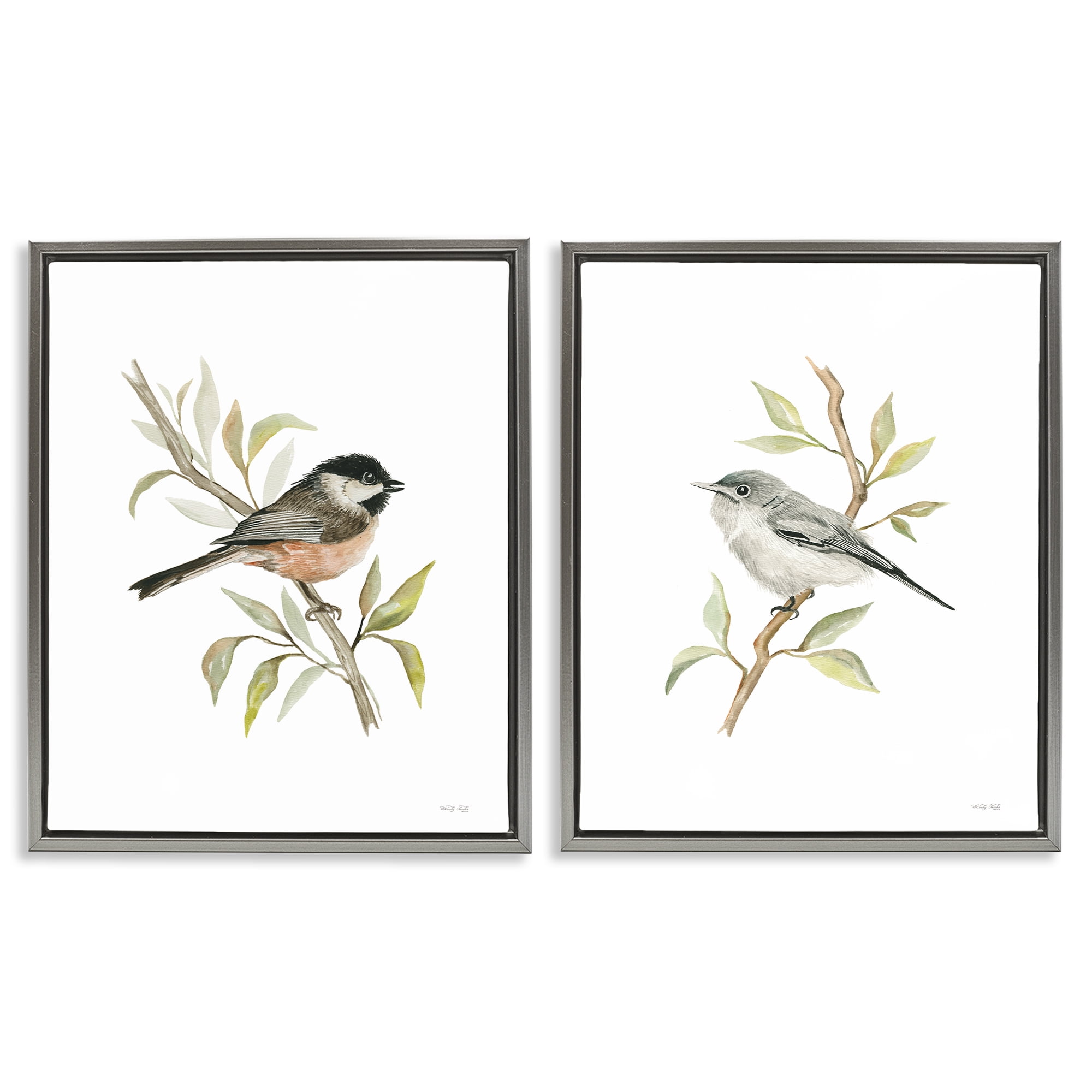 Stupell Industries Small Birds on Branches Animals Painting Gray Floater Framed Canvas Art Print Wall Art, 31 x 25, Set of 2