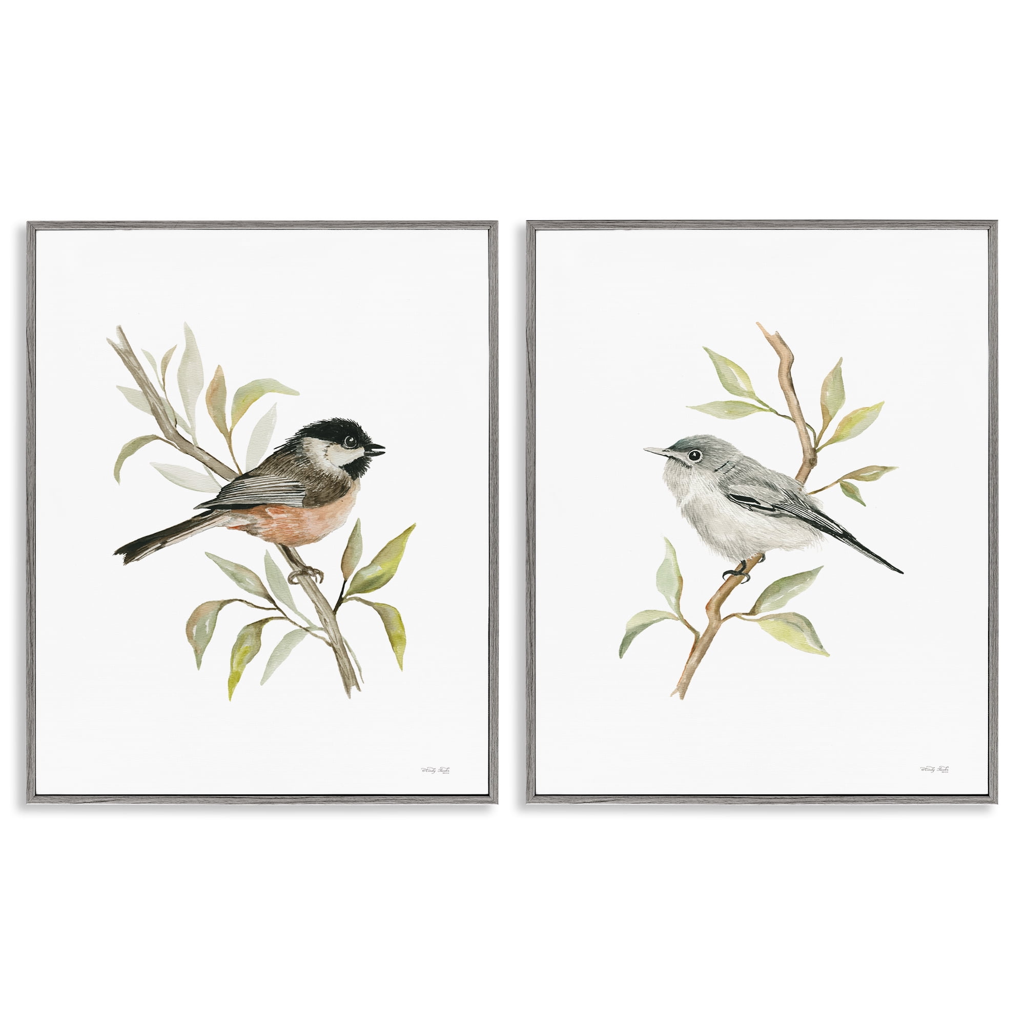 Stupell Industries Small Birds on Branches Animals Painting Gray Framed Art Print Wall Art, 16 x 20, Set of 2