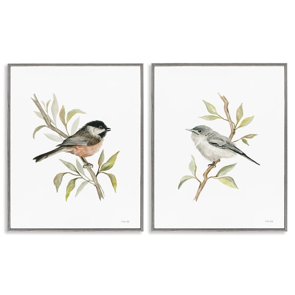 Stupell Industries Small Birds on Branches Animals Painting Gray Framed Art Print Wall Art, 16 x 20, Set of 2