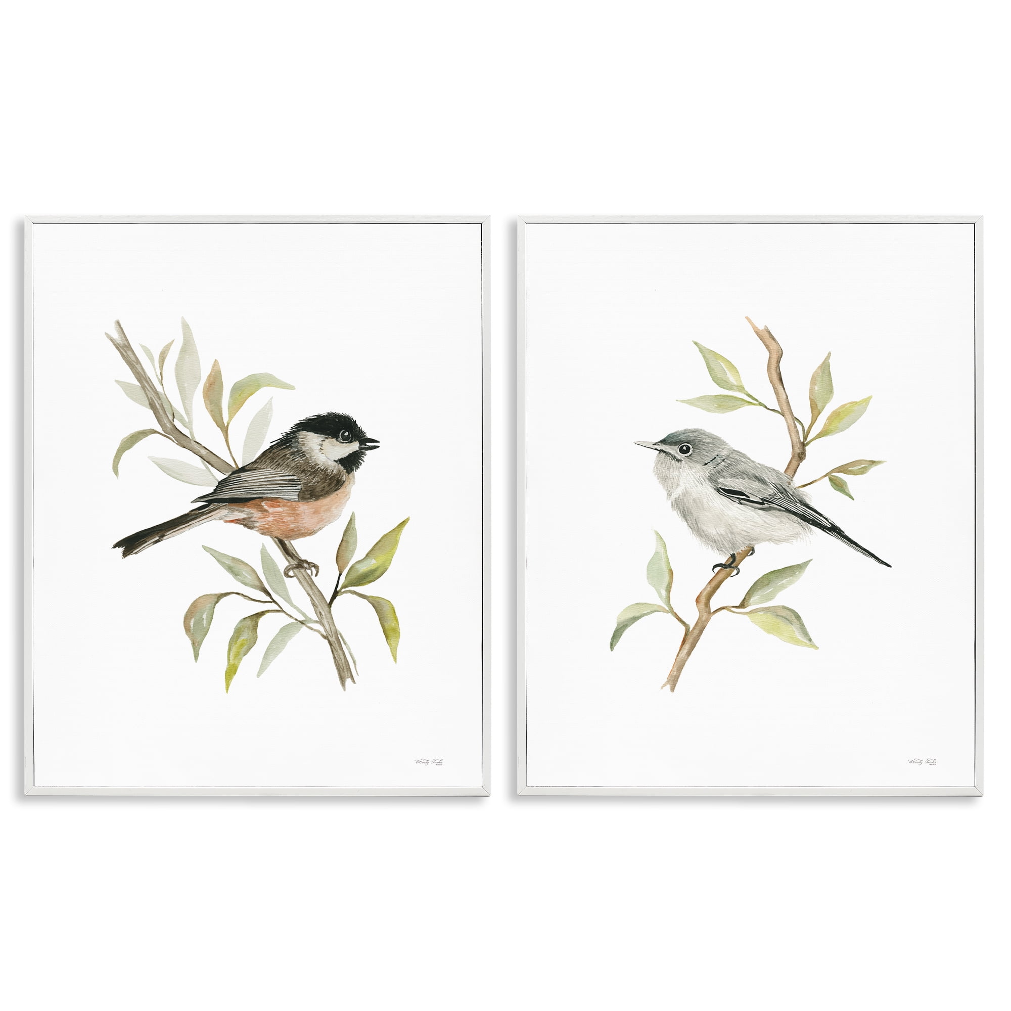 Stupell Industries Small Birds on Branches Animals Painting White Framed Art Print Wall Art, 11 x 14, Set of 2
