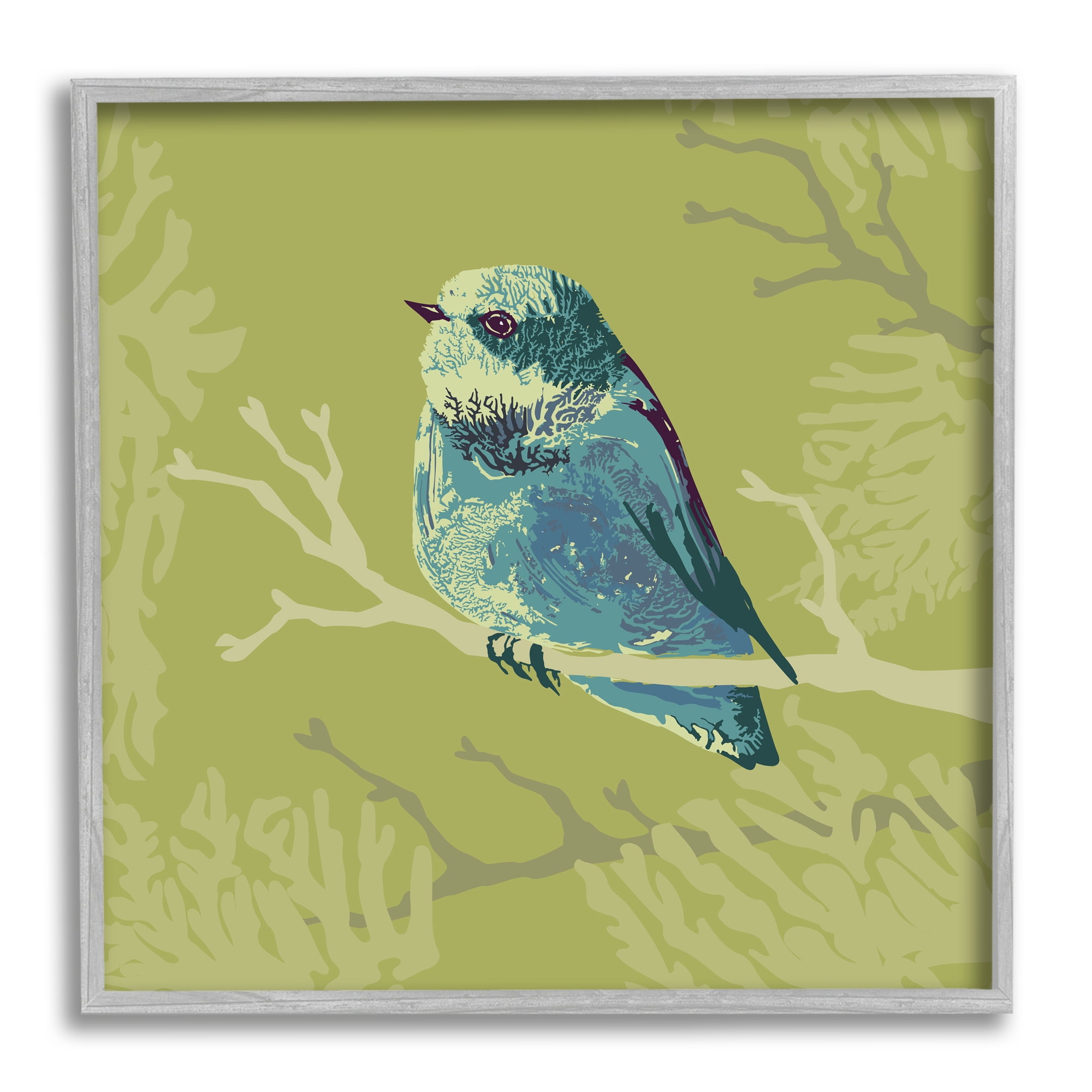 Stupell Industries Small Blue Bird Perched Modern Layered Botanicals Graphic Art Gray Framed Art Print Wall Art, Design by Verbrugge Watercolor