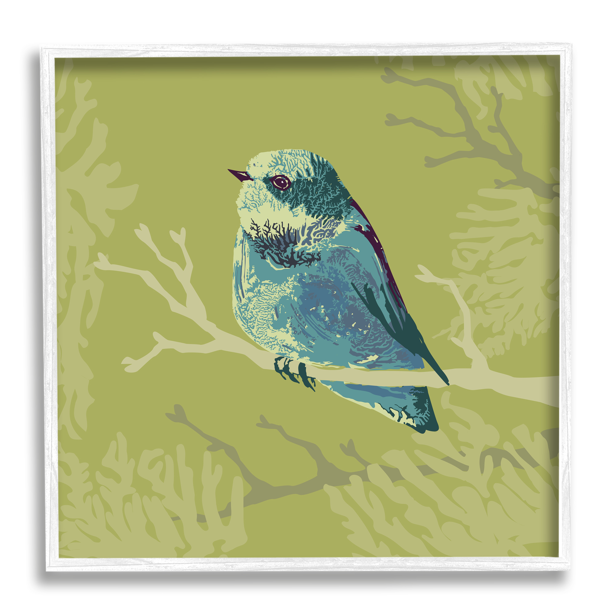 Stupell Industries Small Blue Bird Perched Modern Layered Botanicals Graphic Art White Framed Art Print Wall Art, Design by Verbrugge Watercolor