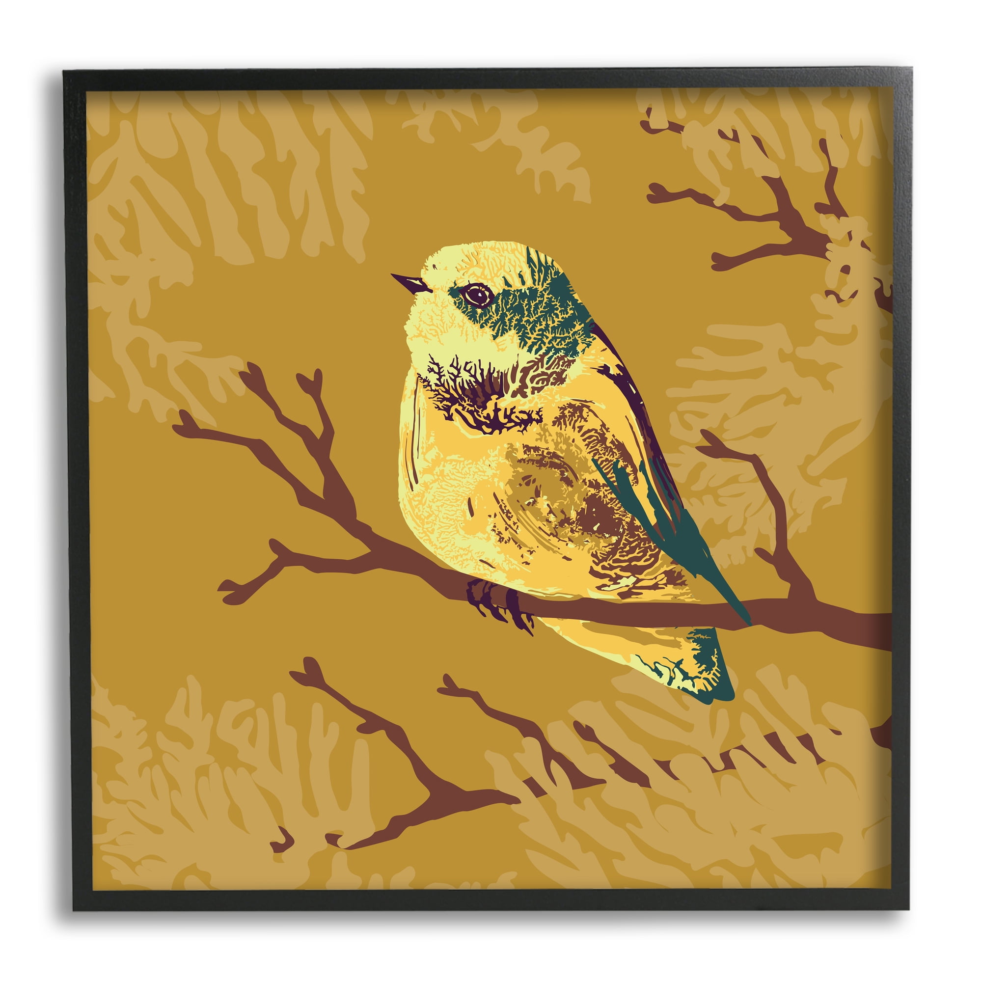 Stupell Industries Small Yellow Bird Perched Wildlife Animal Portrait Graphic Art Black Framed Art Print Wall Art, Design by Verbrugge Watercolor