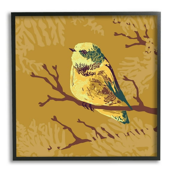 Stupell Industries Small Yellow Bird Perched Wildlife Animal Portrait Graphic Art Black Framed Art Print Wall Art, Design by Verbrugge Watercolor