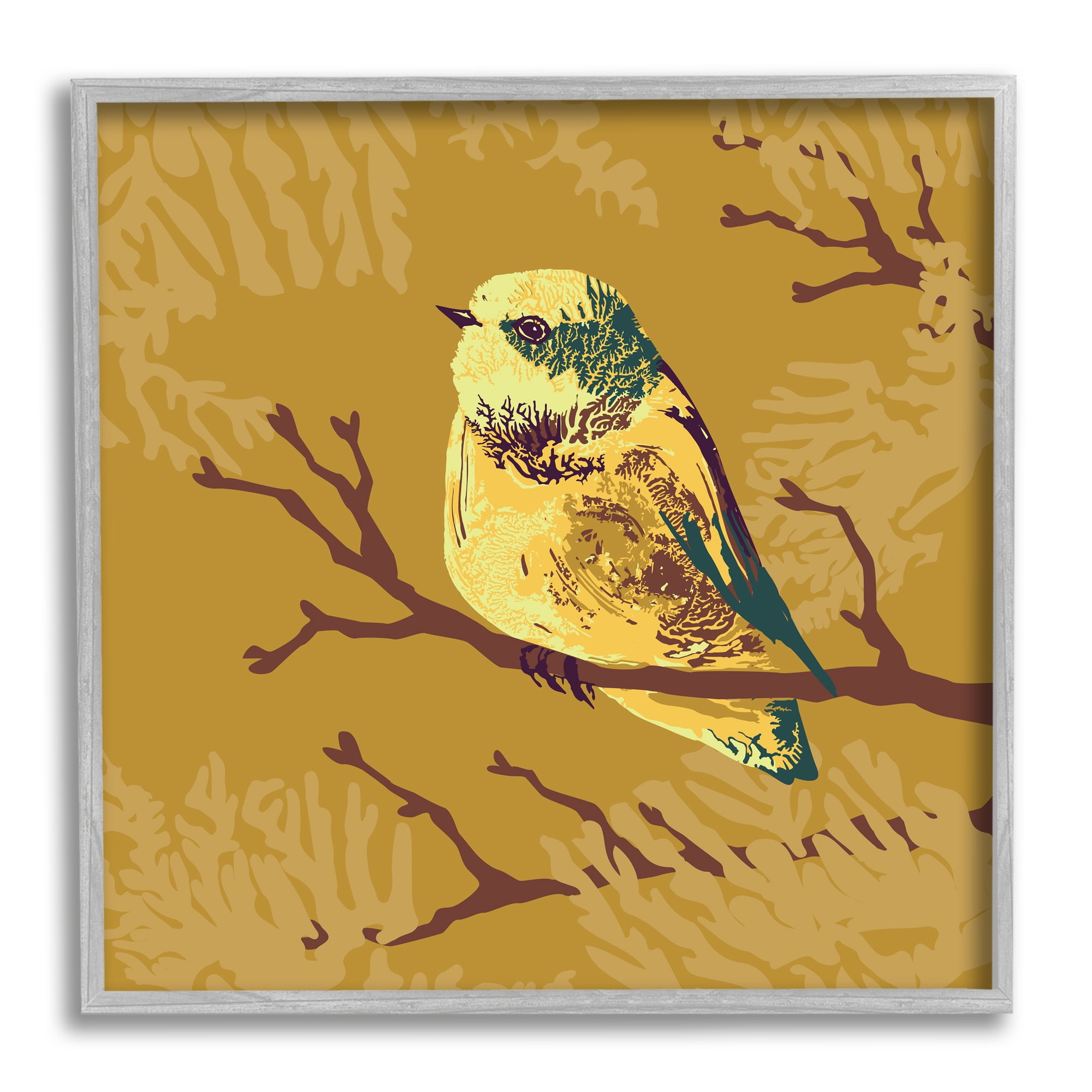 Yellow Bird Wildlife Portrait on Canvas with Gray Wood Frame