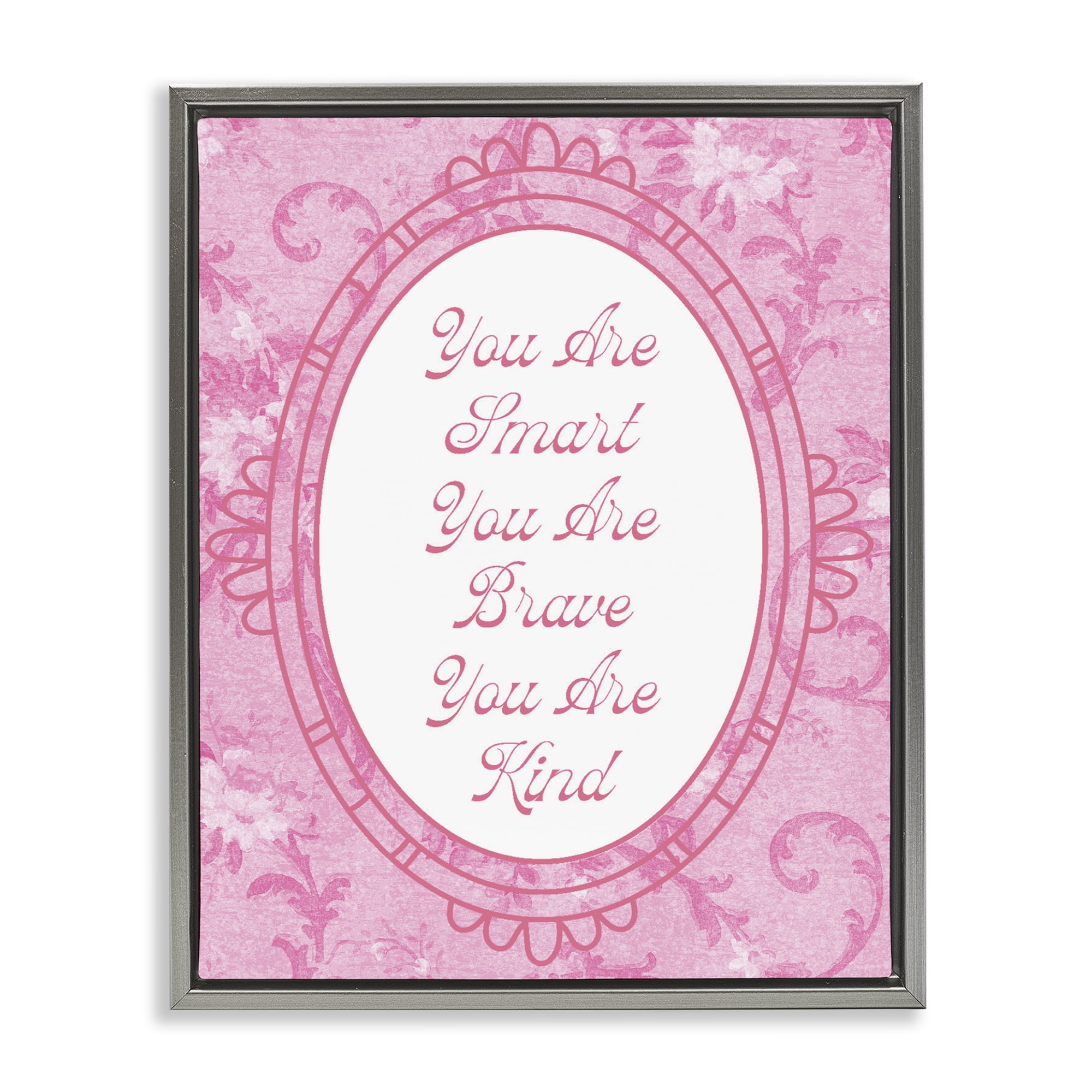 Stupell Industries Smart Brave & Kind Ornate Pink Gray Framed Floater Canvas Wall Art, design by Lil' Rue