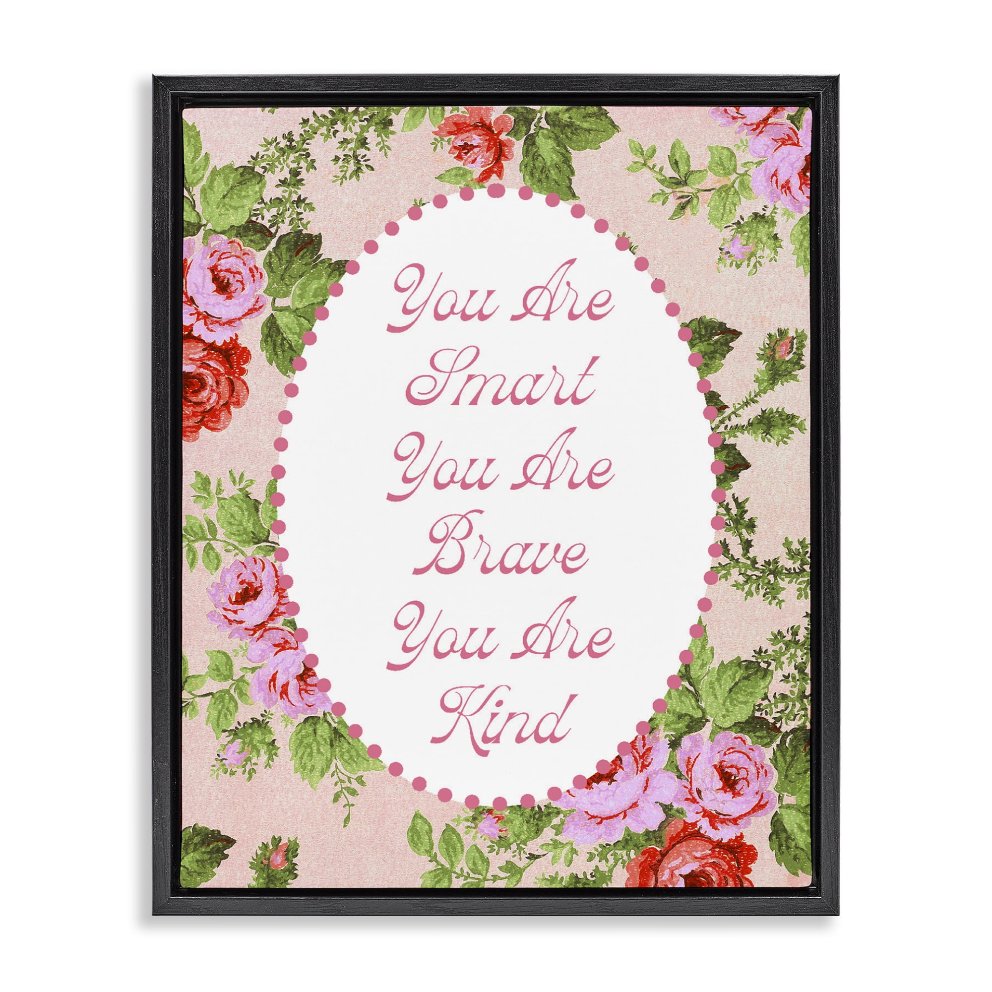 Stupell Industries Smart Brave & Kind with Vintage Florals Black Framed Floater Canvas Wall Art, design by Lil' Rue