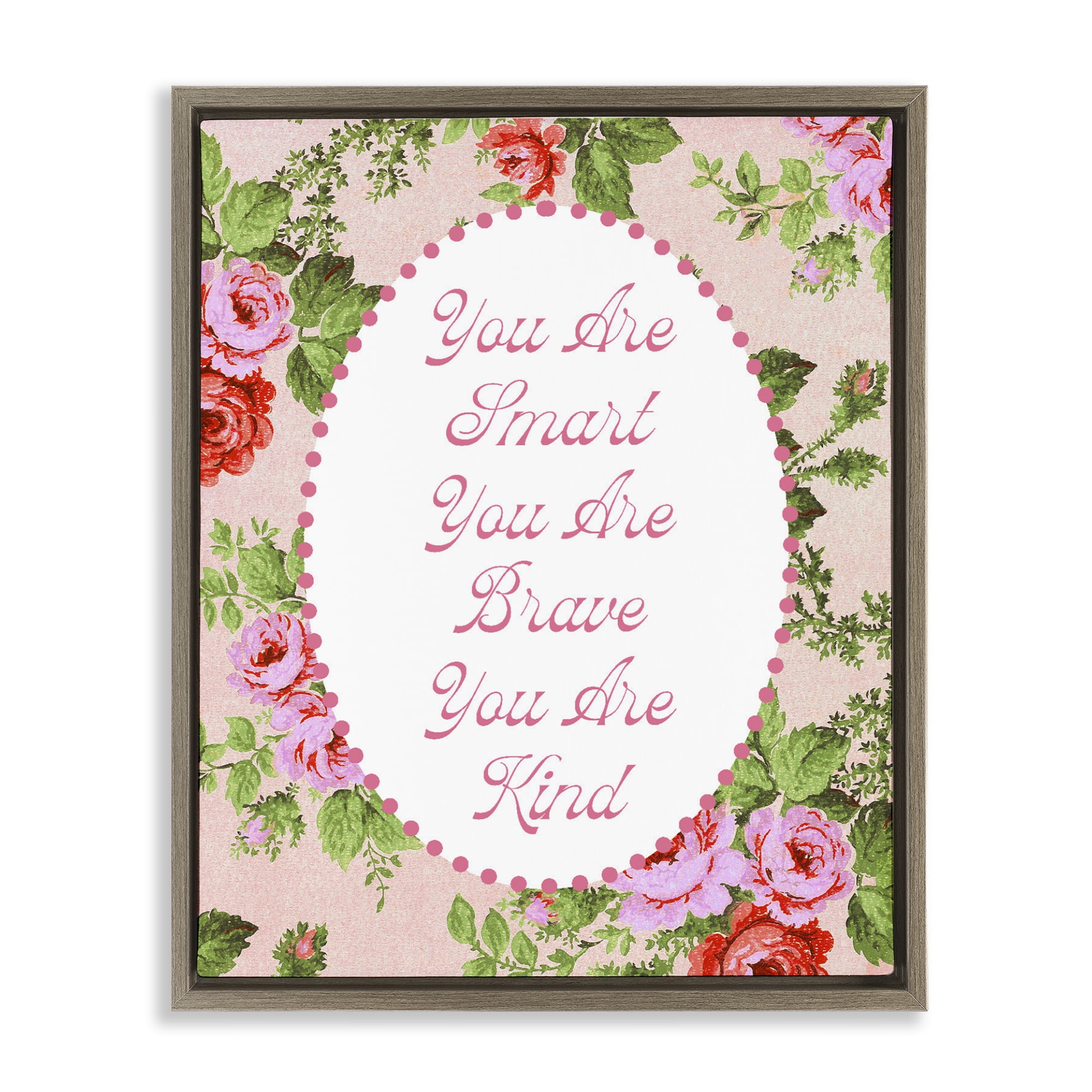 Stupell Industries Smart Brave & Kind with Vintage Florals Brown Framed Floater Canvas Wall Art, design by Lil' Rue