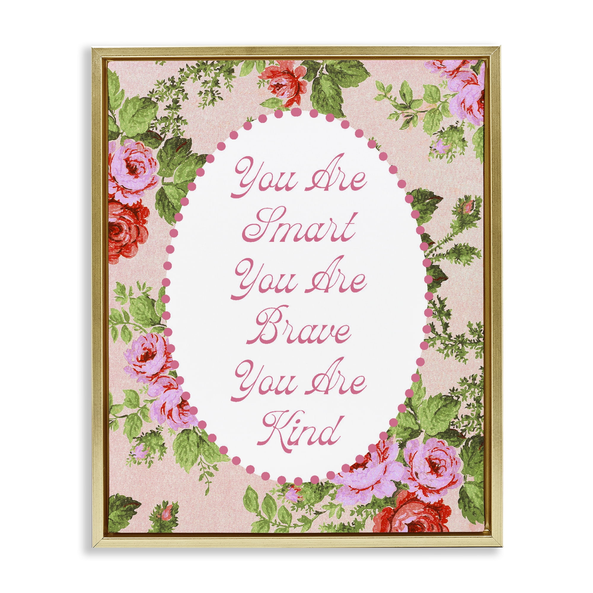 Stupell Industries Smart Brave & Kind with Vintage Florals Gold Framed Floater Canvas Wall Art, design by Lil' Rue