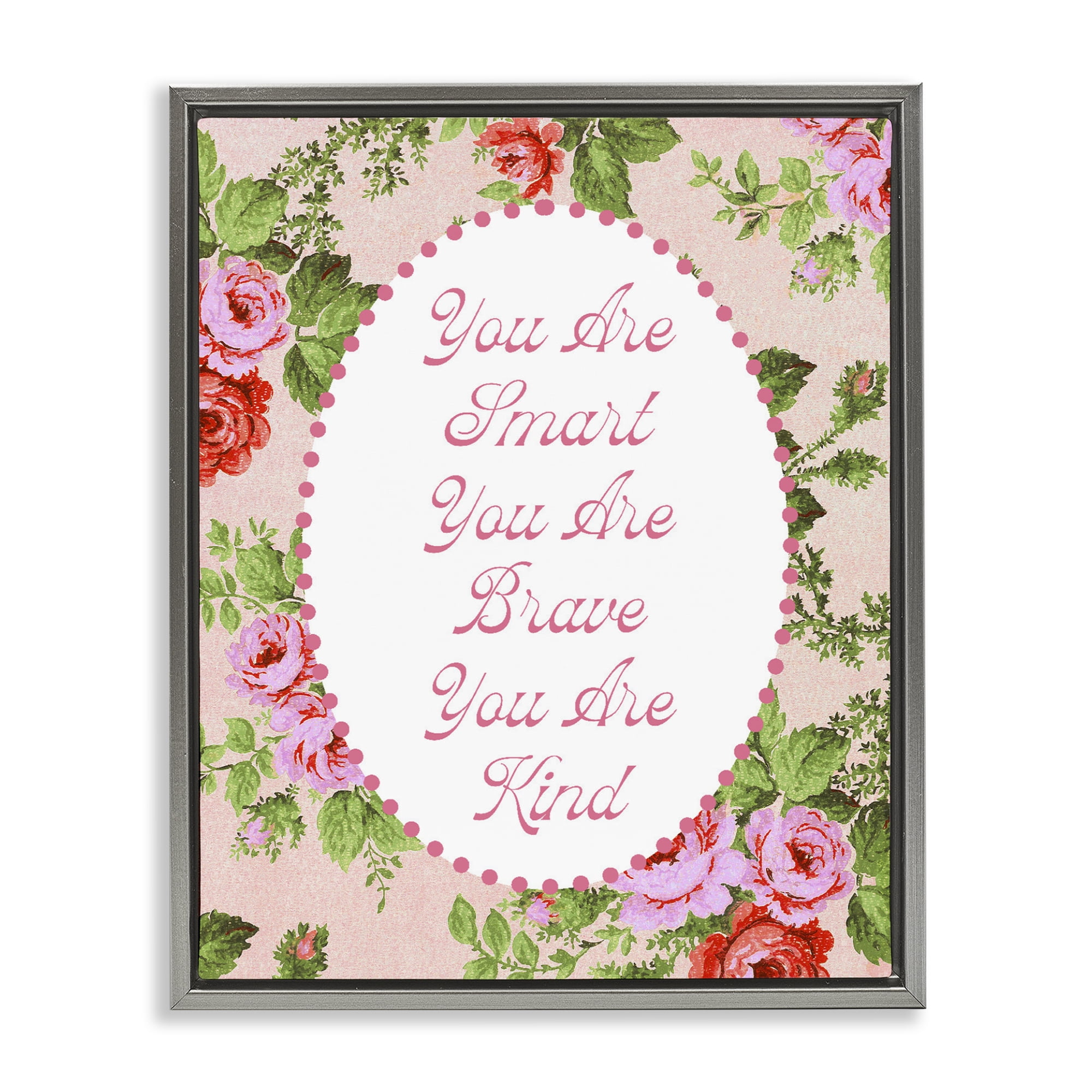 Stupell Industries Smart Brave & Kind with Vintage Florals Gray Framed Floater Canvas Wall Art, design by Lil' Rue