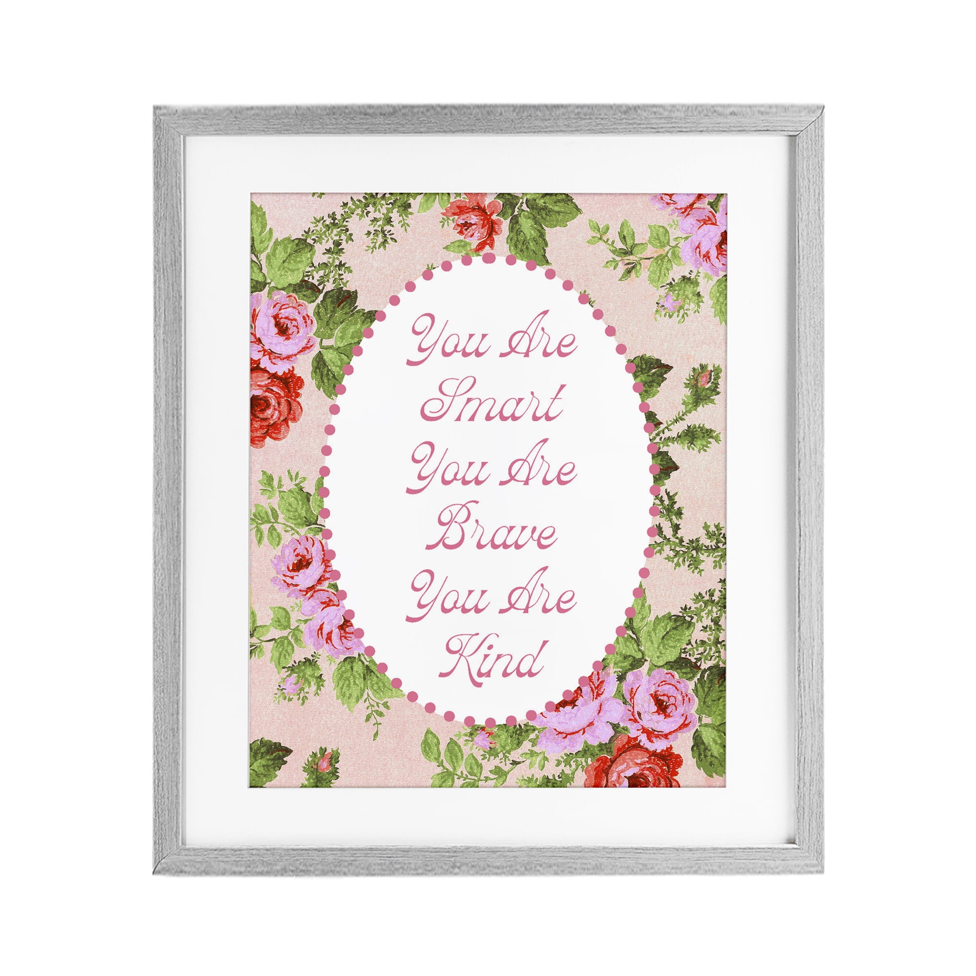 Stupell Industries Smart Brave & Kind with Vintage Florals Gray Framed Print Under Glass, design by Lil' Rue