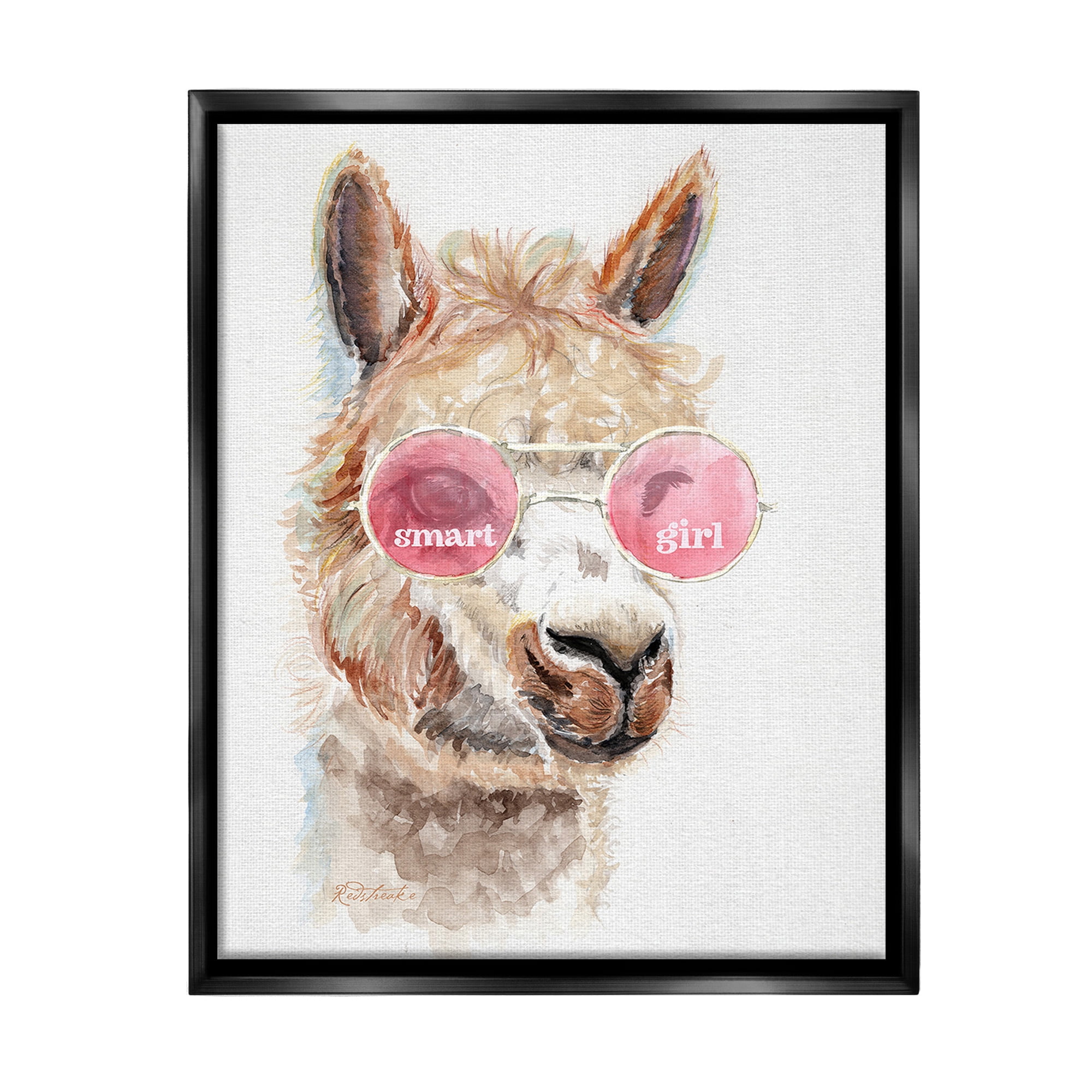 Stupell Industries Smart Girl Llama Animals & Insects Painting Black Floater Framed Canvas Art Print Wall Art, 25 x 31