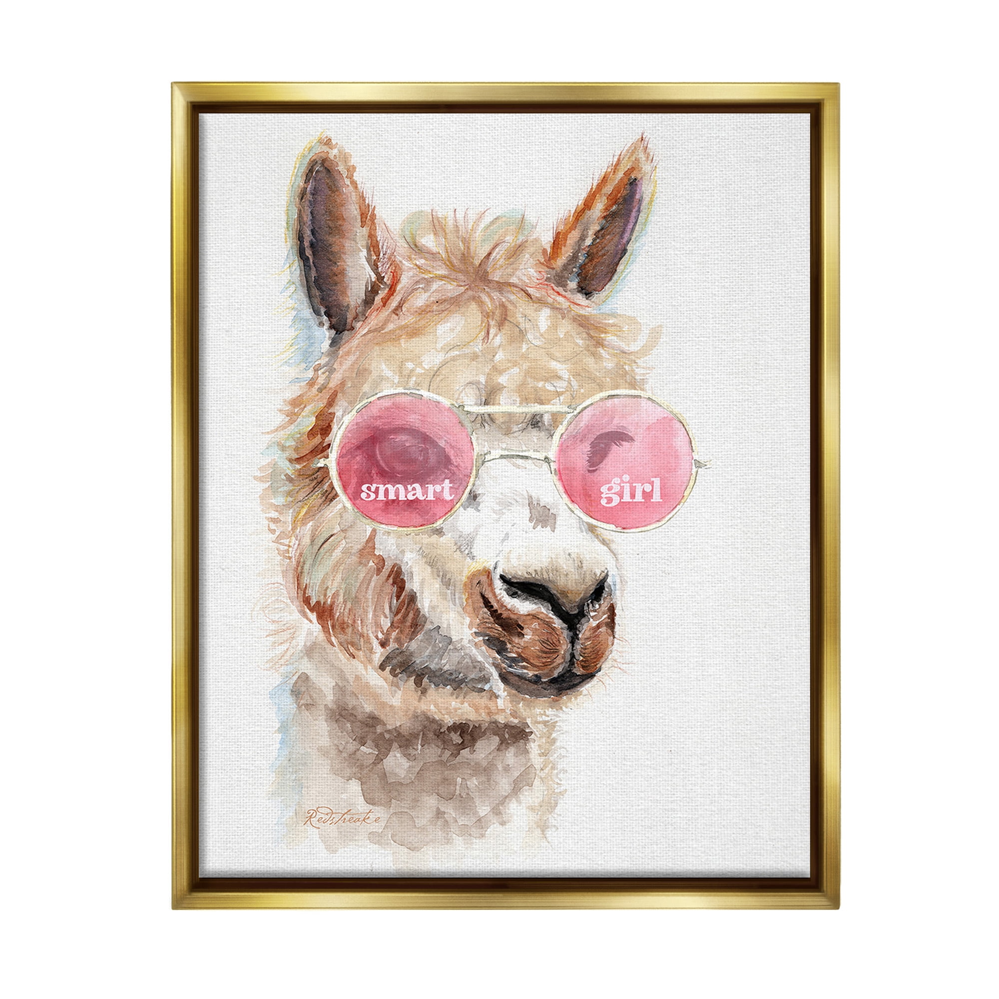Stupell Industries Smart Girl Llama Animals & Insects Painting Gold Floater Framed Canvas Art Print Wall Art, 17 x 21