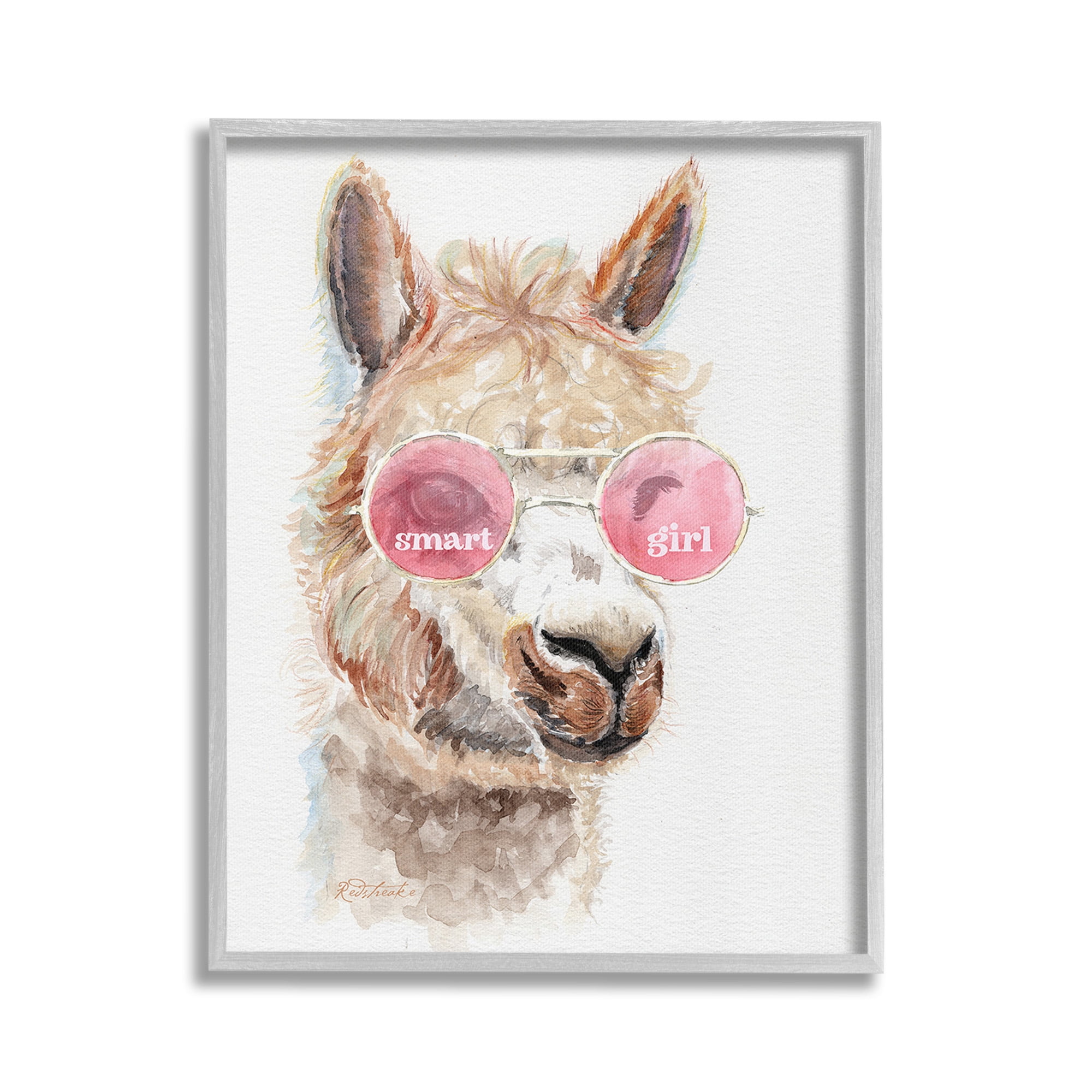 Stupell Industries Smart Girl Llama Animals & Insects Painting Gray Framed Art Print Wall Art, 24 x 30