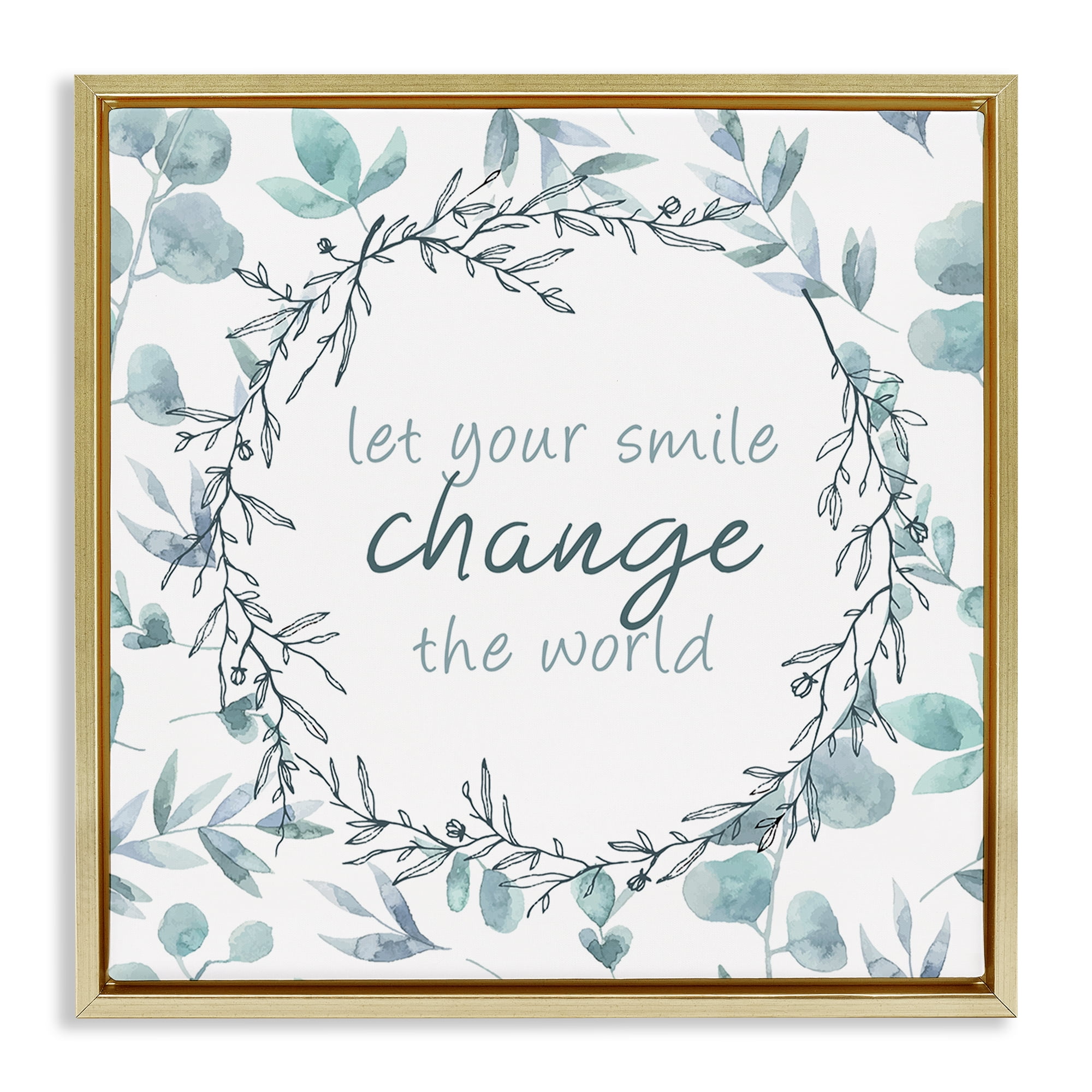 Stupell Industries Smile Change The World Gold Framed Floater Canvas Wall Art, design by Kim Allen