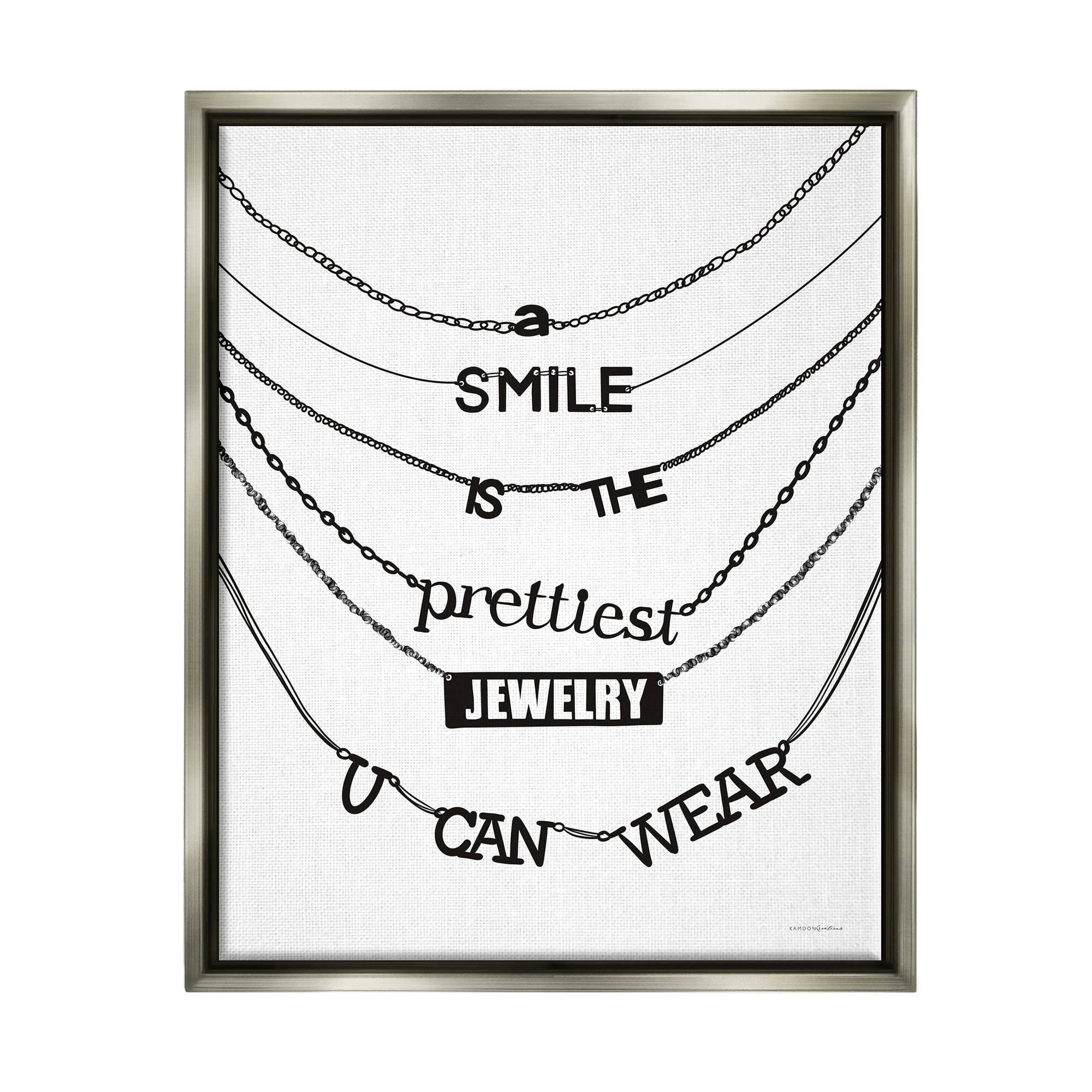 Stupell Industries Smile Glam Quote Chic Necklace Varied Text Design Graphic Art Luster Gray Floating Framed Canvas Print Wall Art, Design by Kamdon Kreations