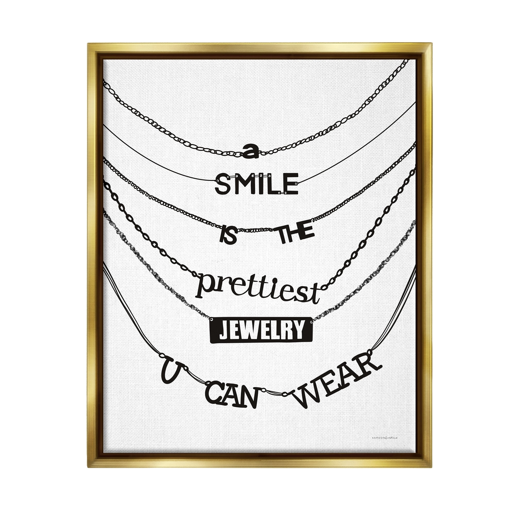Stupell Industries Smile Glam Quote Chic Necklace Varied Text Design Graphic Art Metallic Gold Floating Framed Canvas Print Wall Art, Design by Kamdon Kreations