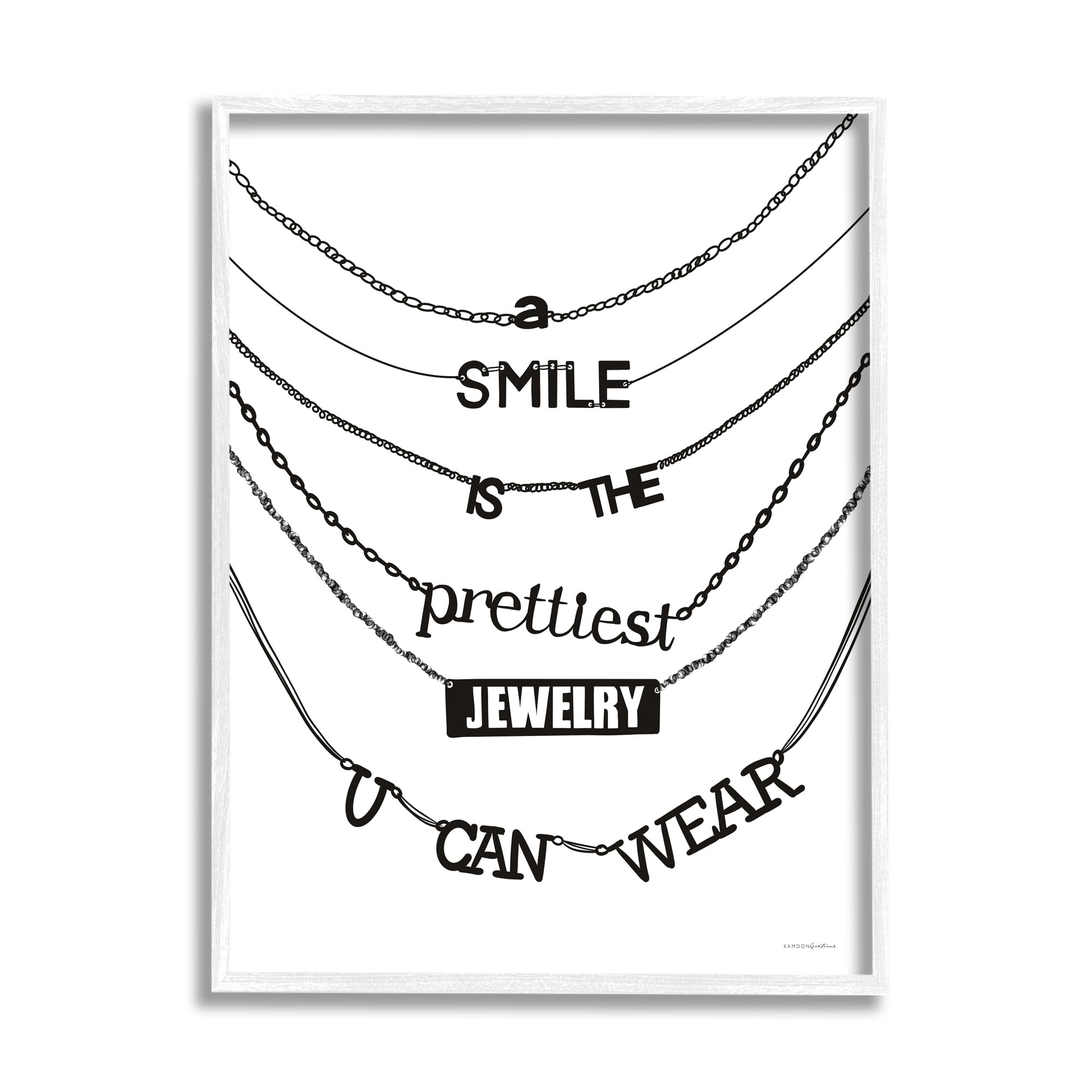 Stupell Industries Smile Glam Quote Chic Necklace Varied Text Design Graphic Art White Framed Art Print Wall Art, Design by Kamdon Kreations