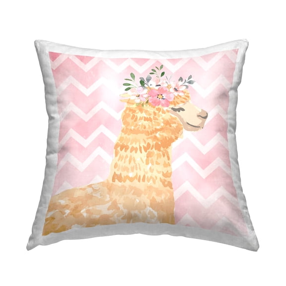 Stupell Industries Smiling Alpaca Flower Crown Pink Chevron Pattern Design by ND Art Throw Pillow